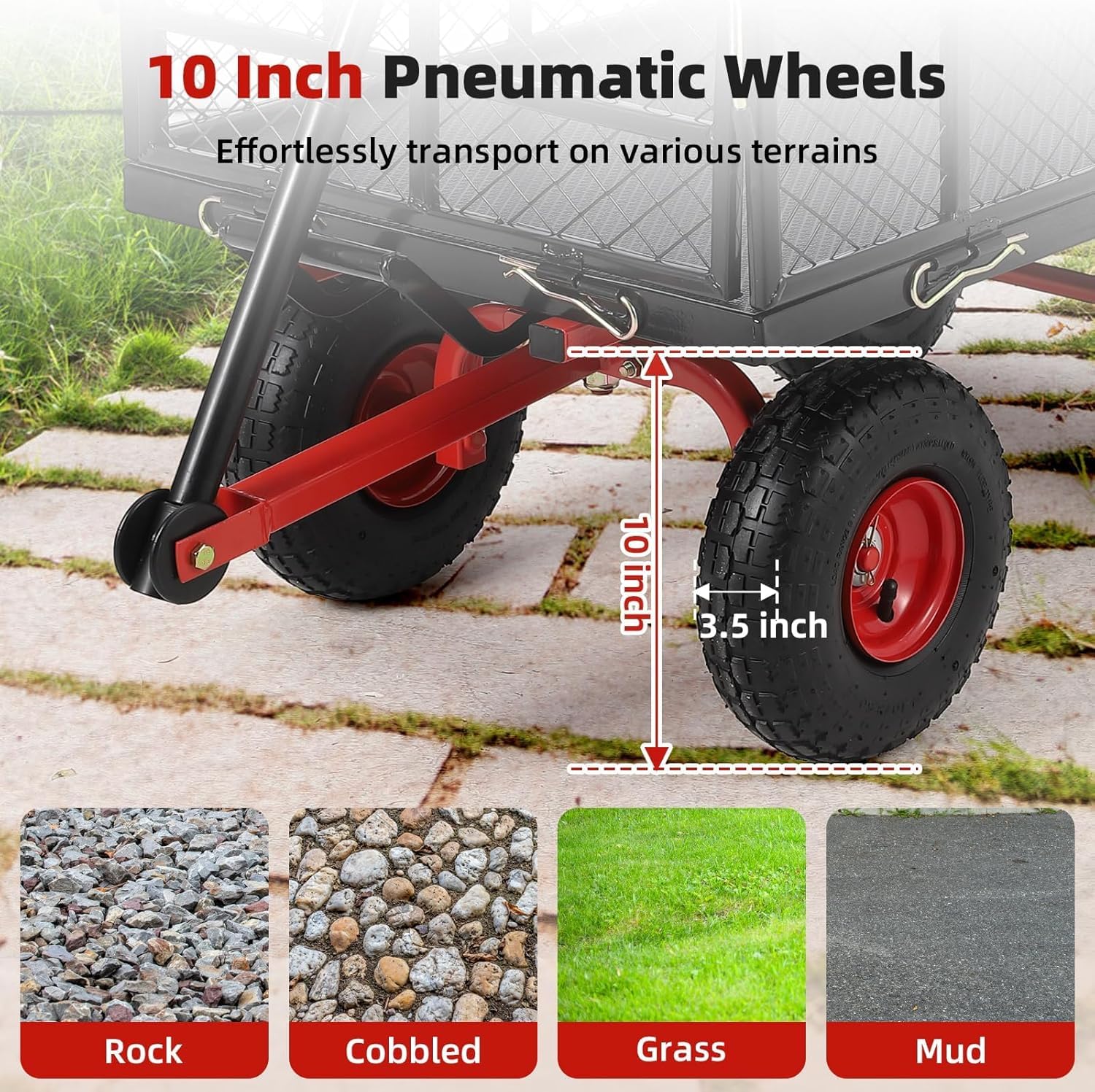Carrello da Giardino Garvee 398 kg con Pneumatici 25.4 cm Tutti Terreni - Robusto Acciaio 88.9x50.8 cm, 4 Lati Staccabili, Giardino e Cortile