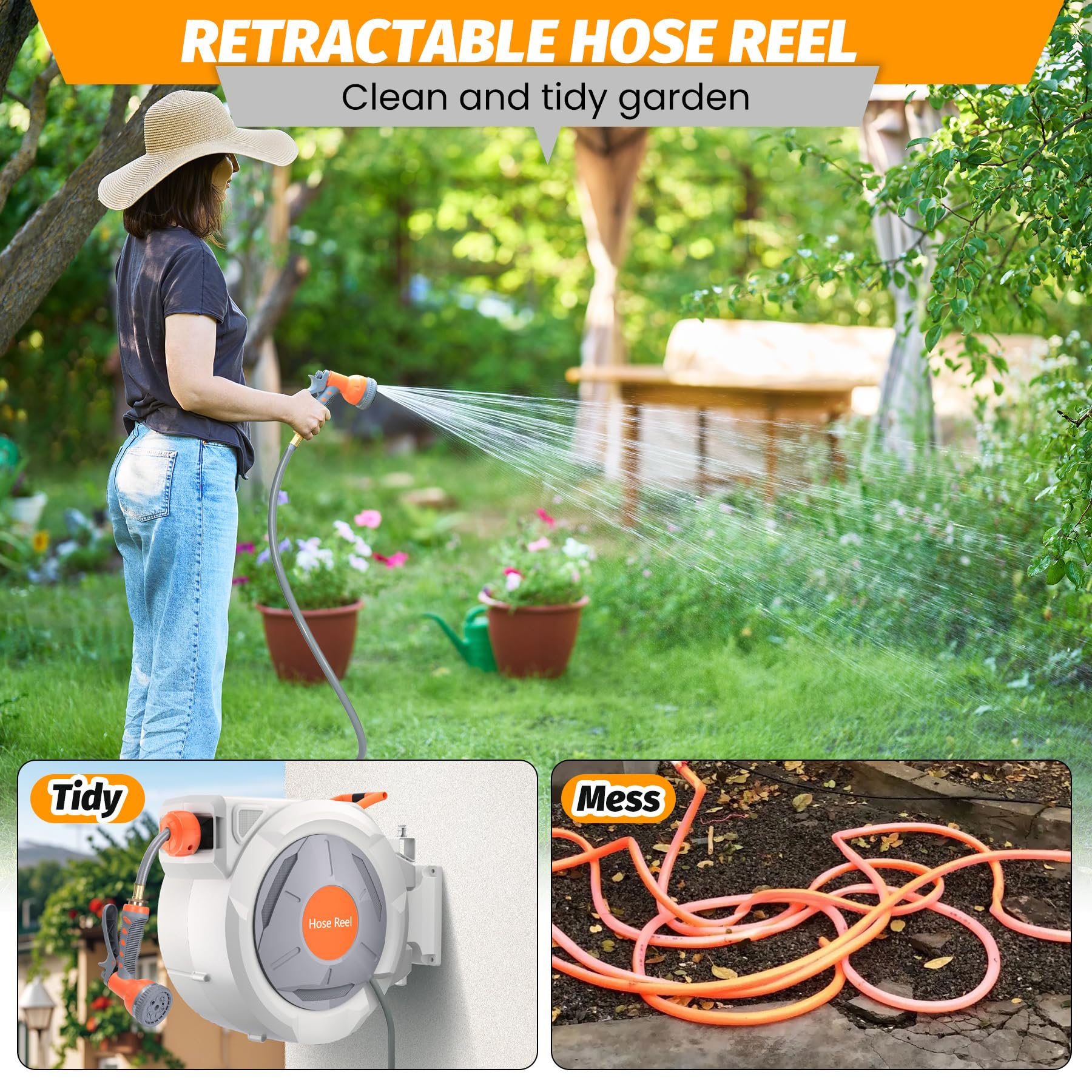 Avvolgitubo retrattile Garvee da giardino da 5/8" x 65 piedi con spruzzatore a 9 funzioni, lunghezza bloccabile, PVC e ottone, ritorno lento automatico, rotazione di 180°, montaggio a parete per giardino