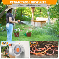 Avvolgitubo retrattile Garvee da giardino da 5/8" x 65 piedi con spruzzatore a 9 funzioni, lunghezza bloccabile, PVC e ottone, ritorno lento automatico, rotazione di 180°, montaggio a parete per giardino