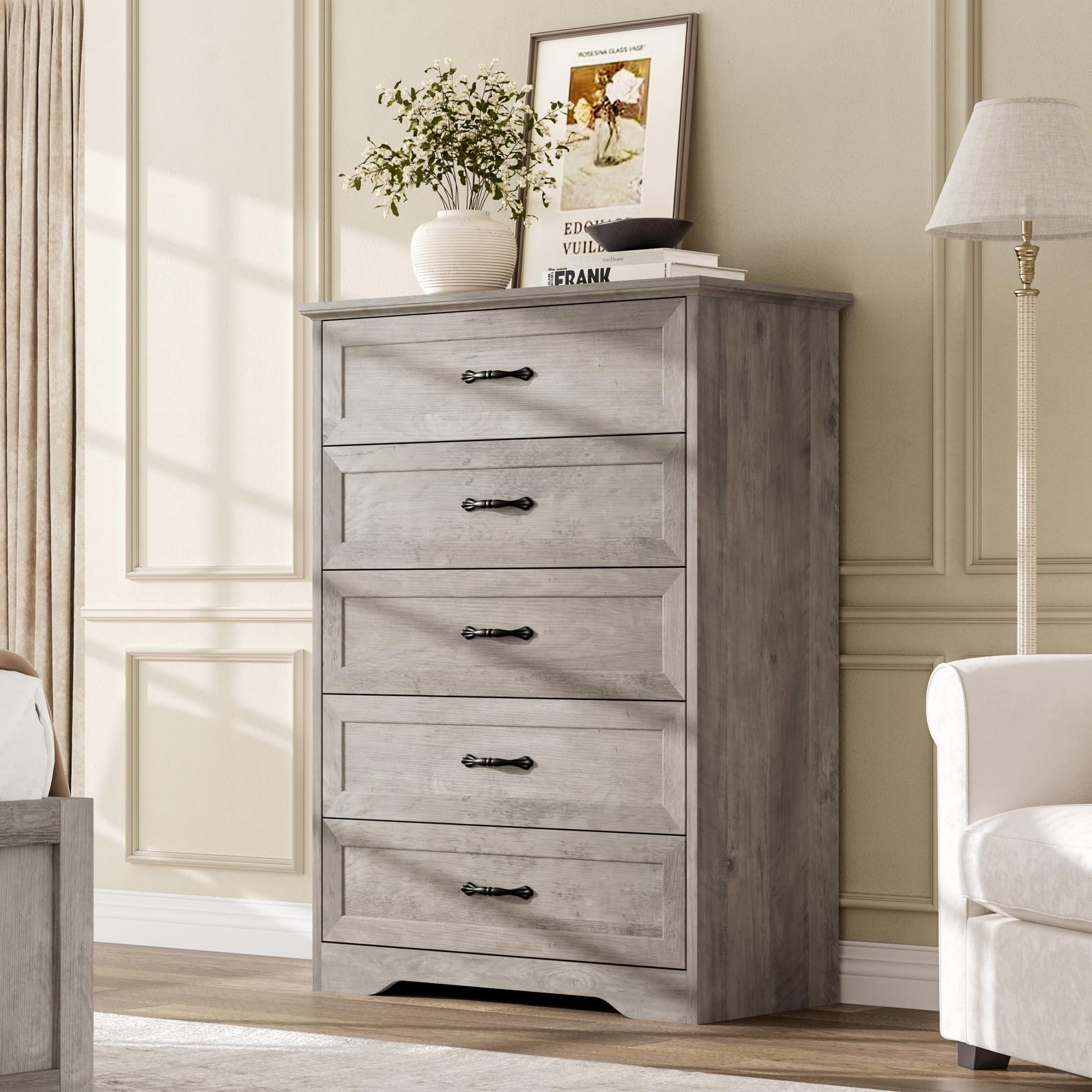 Cassettiera Garvee a 5 cassetti per camera da letto con ampio spazio di archiviazione e protezione antiribaltamento, legno MDF, grigio, soggiorno e cameretta dei bambini