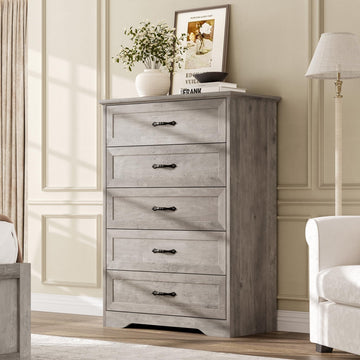 Cassettiera Garvee a 5 cassetti per camera da letto con ampio spazio di archiviazione e protezione antiribaltamento, legno MDF, grigio, soggiorno e cameretta dei bambini