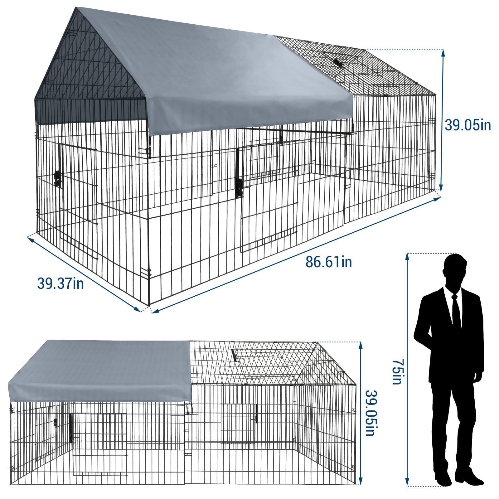 Pollaio in metallo Garvee Large – 218 × 101 × 101 cm, antiruggine, copertura impermeabile e chiusura sicura della porta per giardino e fattoria