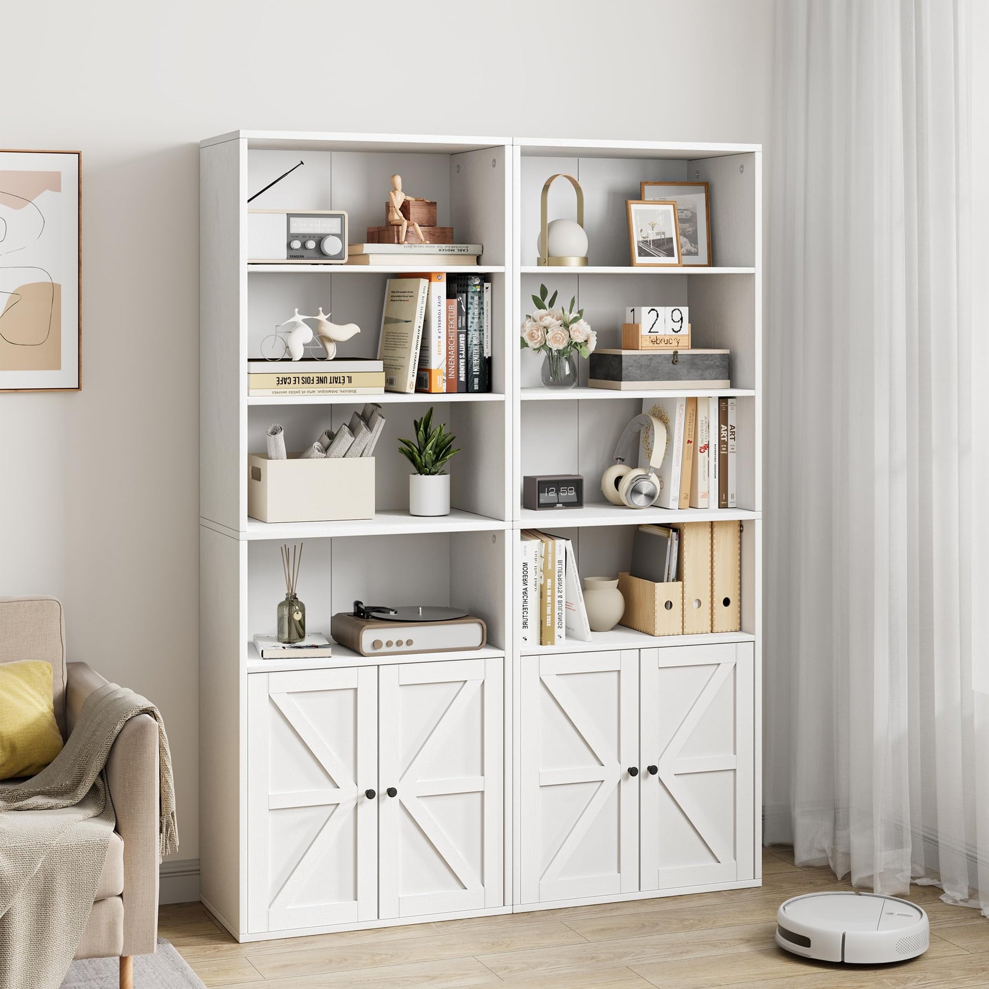 Garvee Libreria Industriale 71.4" con Ante e Ripiani, Ampio Spazio, Porta Scorrevole, Bianco, Anti-Ribaltamento, Soggiorno/Ufficio