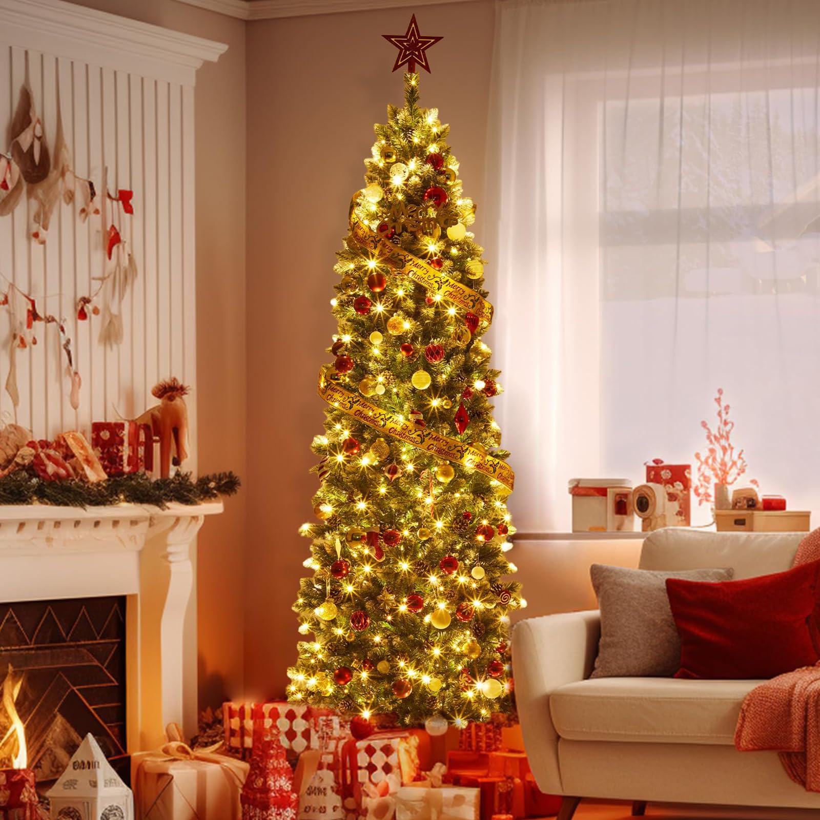 Albero di Natale artificiale Garvee da 230 cm con 250 luci LED, supporto in metallo, albero di Natale preilluminato, rami di abete in PVC, verde, per casa, ufficio, negozi, hotel