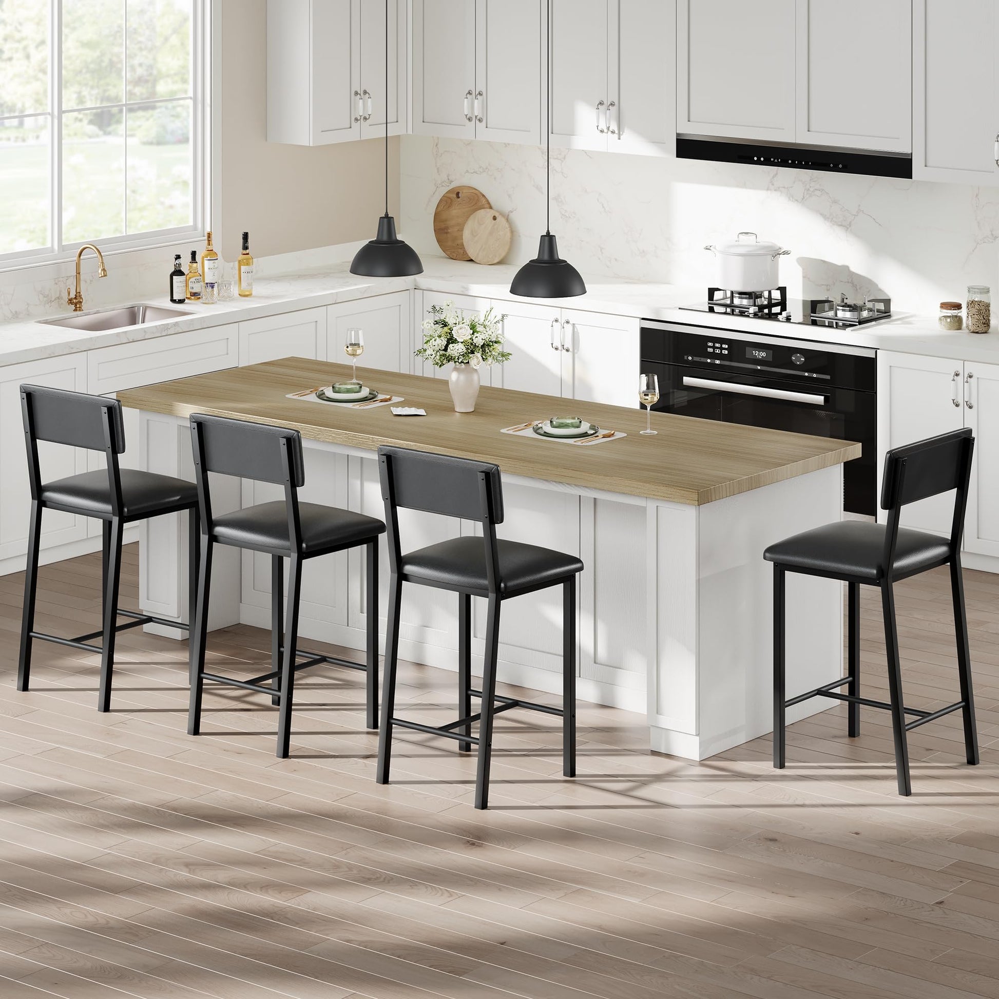 Set di 4 sgabelli da bar Garvee, in similpelle, ergonomici e stabili, per cucina e bar, 25 pollici, nero
