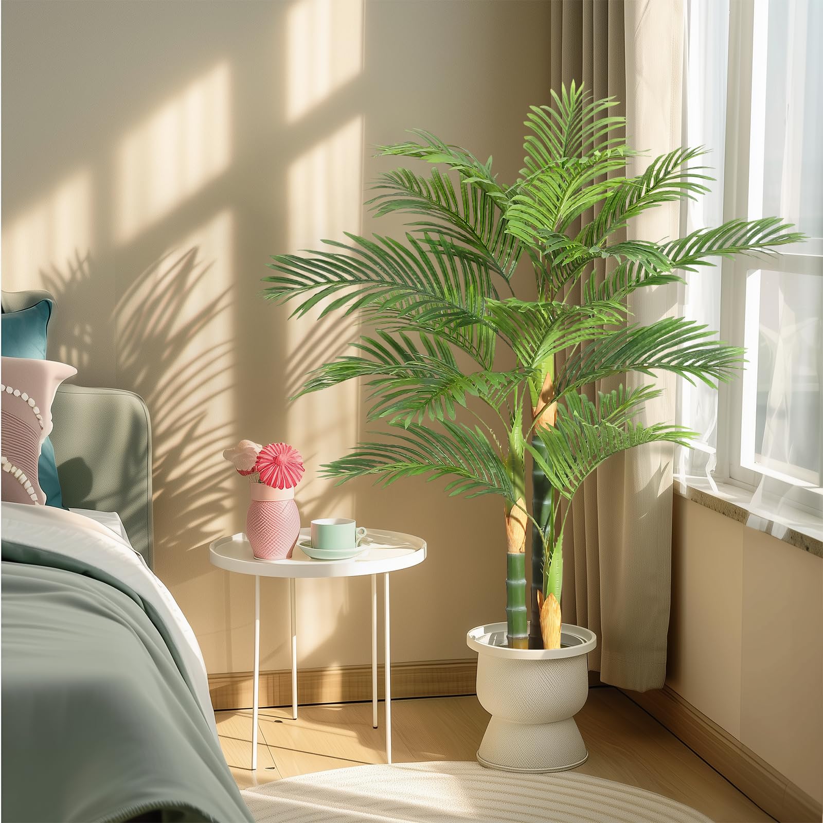 Palma artificiale Garvee Golden Cane da 1,5 m, resistente ai raggi UV, materiale PE, foglie regolabili, base stabile, per uso interno ed esterno, verde e oro