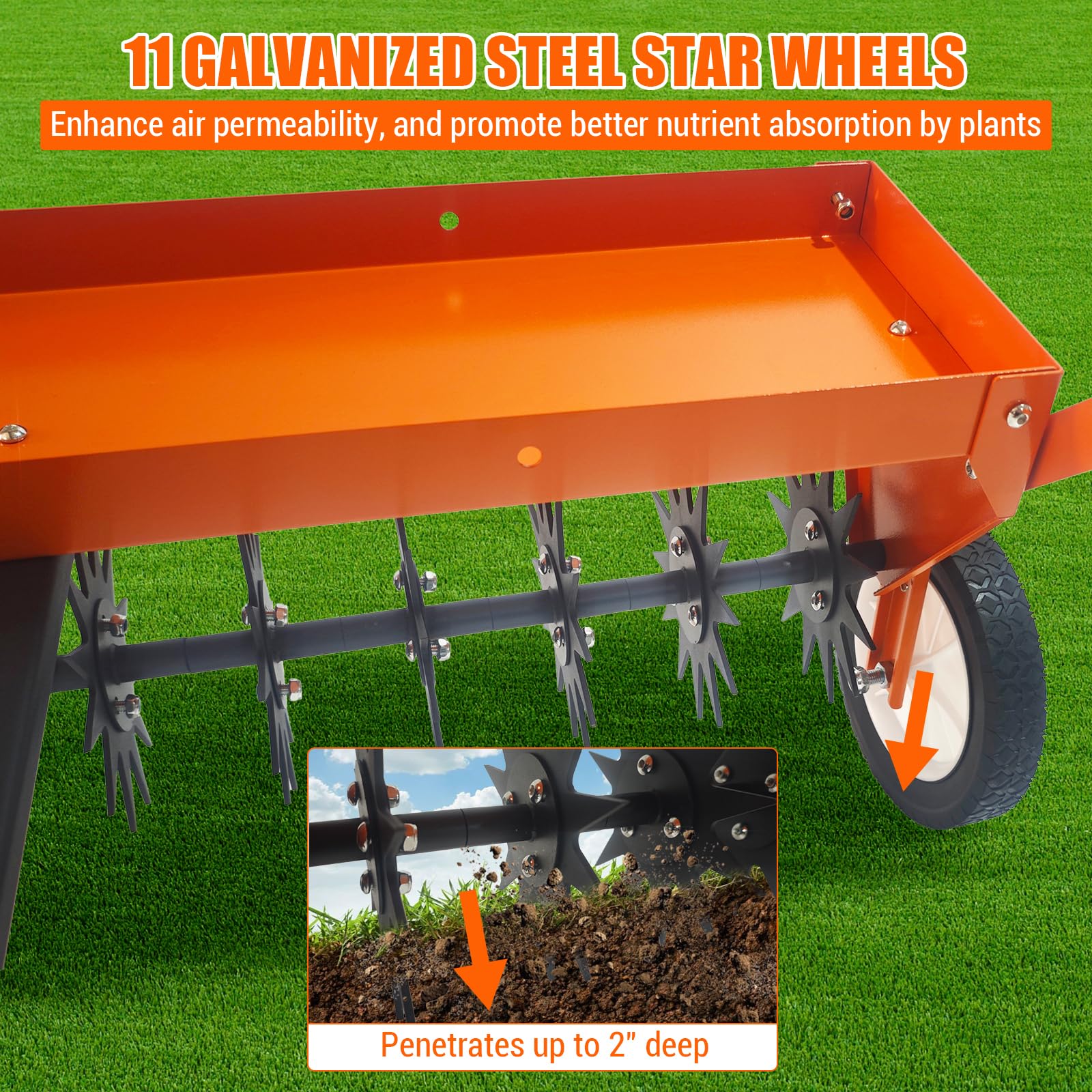 Arieggiatore da rimorchio Garvee da 40 pollici - Con denti in acciaio, gancio universale regolabile e ruote per il trasporto. Per prato, giardino e agricoltura.