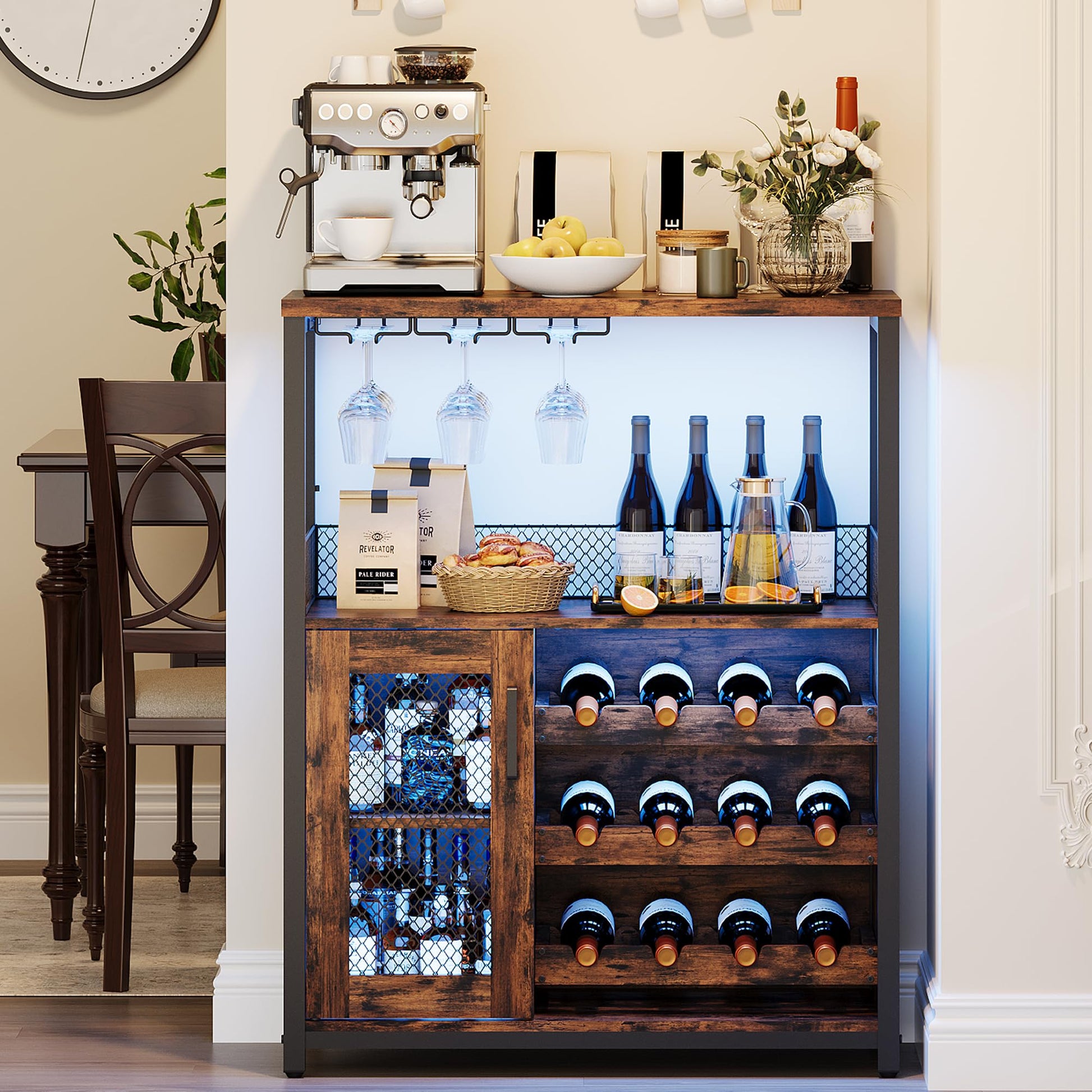 Mobile bar per vino Garvee con luce LED, ripiani regolabili, porta in rete per cucina e sala da pranzo, altezza 36,2", MDF e metallo, robusto, compatto
