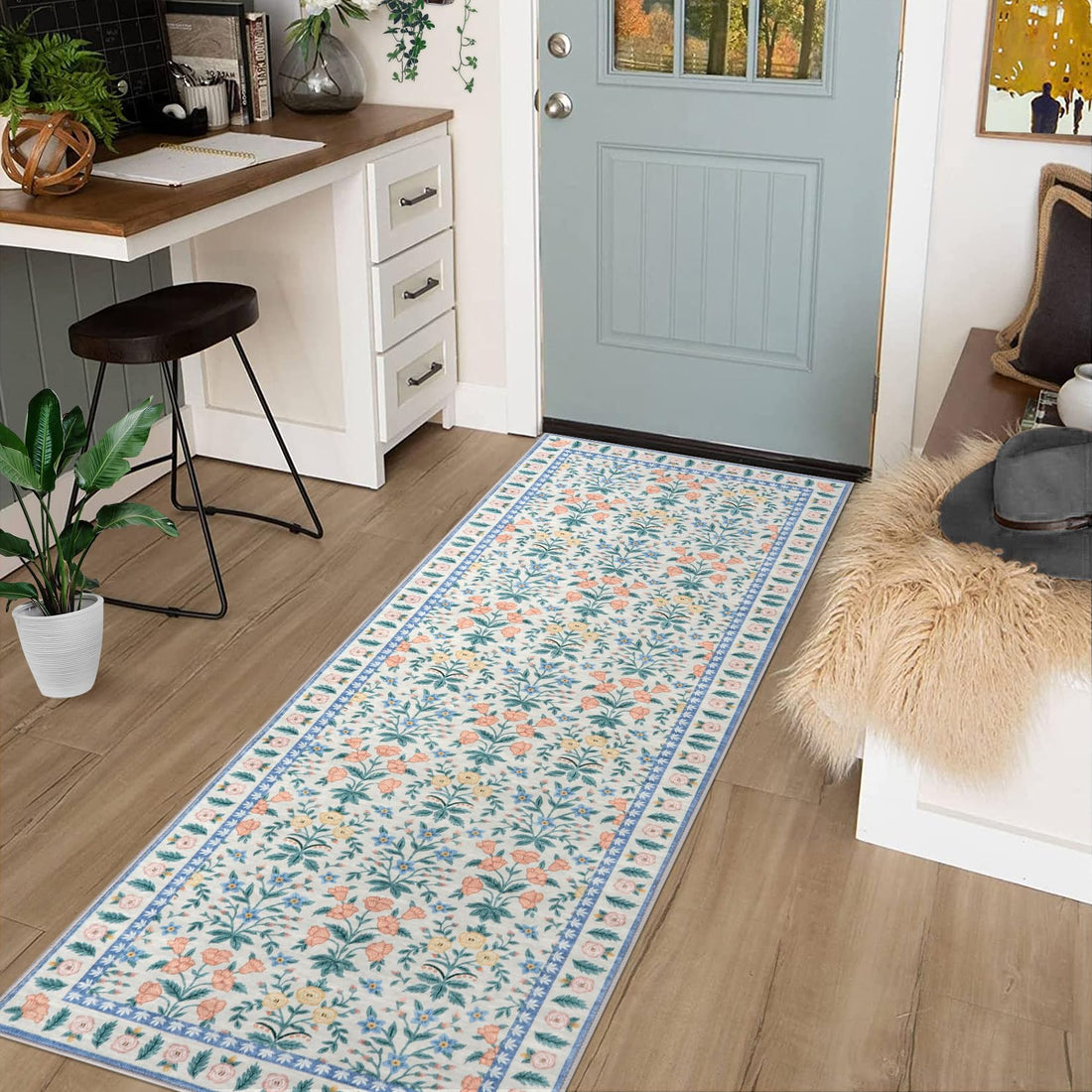 Tappeto decorativo Garvee Boho 80x150cm nero con motivo floreale per soggiorno e sala giochi, antiscivolo, pelo corto, fibra sintetica, lavabile