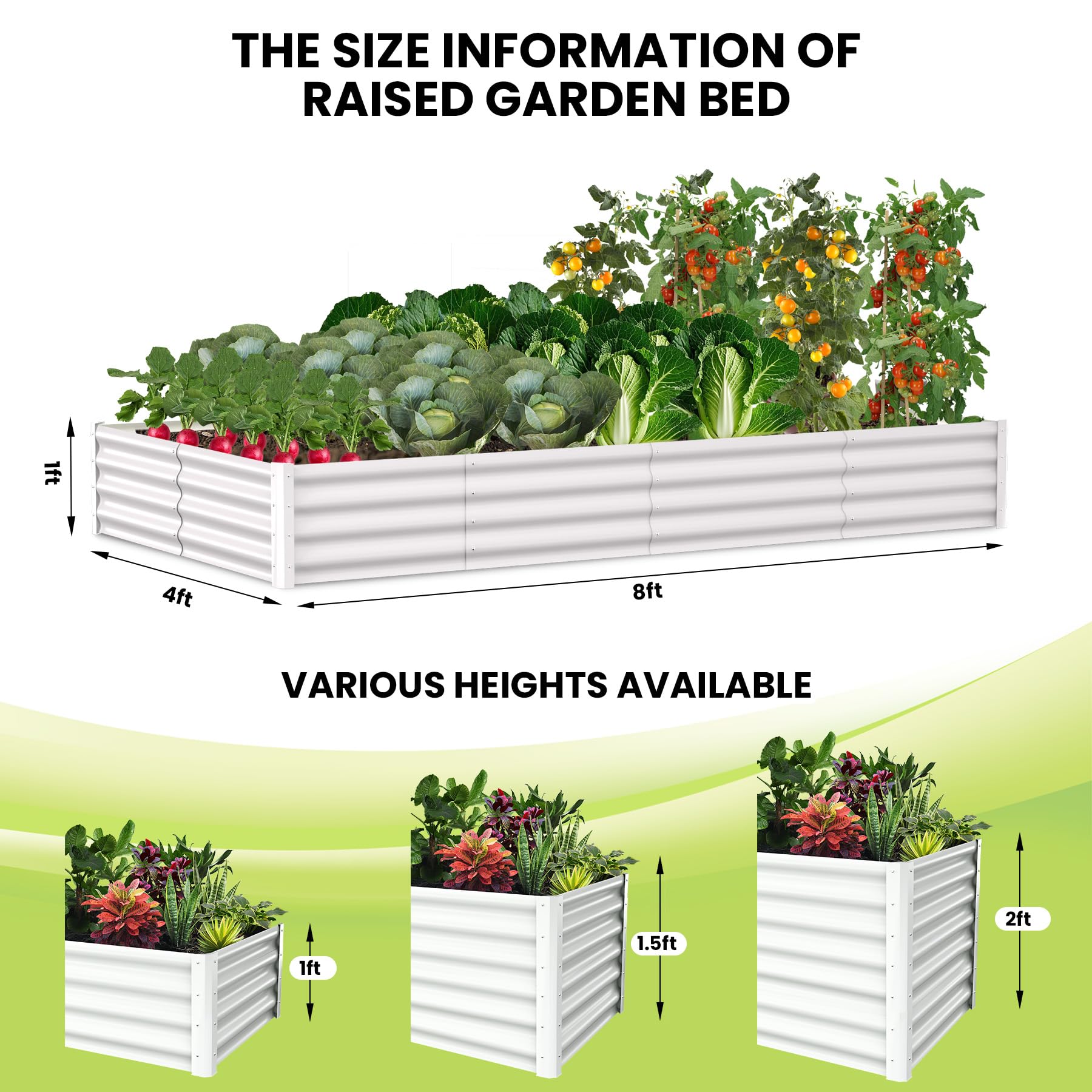 Aiuola rialzata Garvee, in metallo, rettangolare, 8x4x1 FT, bianca, resistente e antiruggine, verniciata a polvere, fondo aperto, montaggio senza attrezzi, per orti e coltivazioni di ortaggi