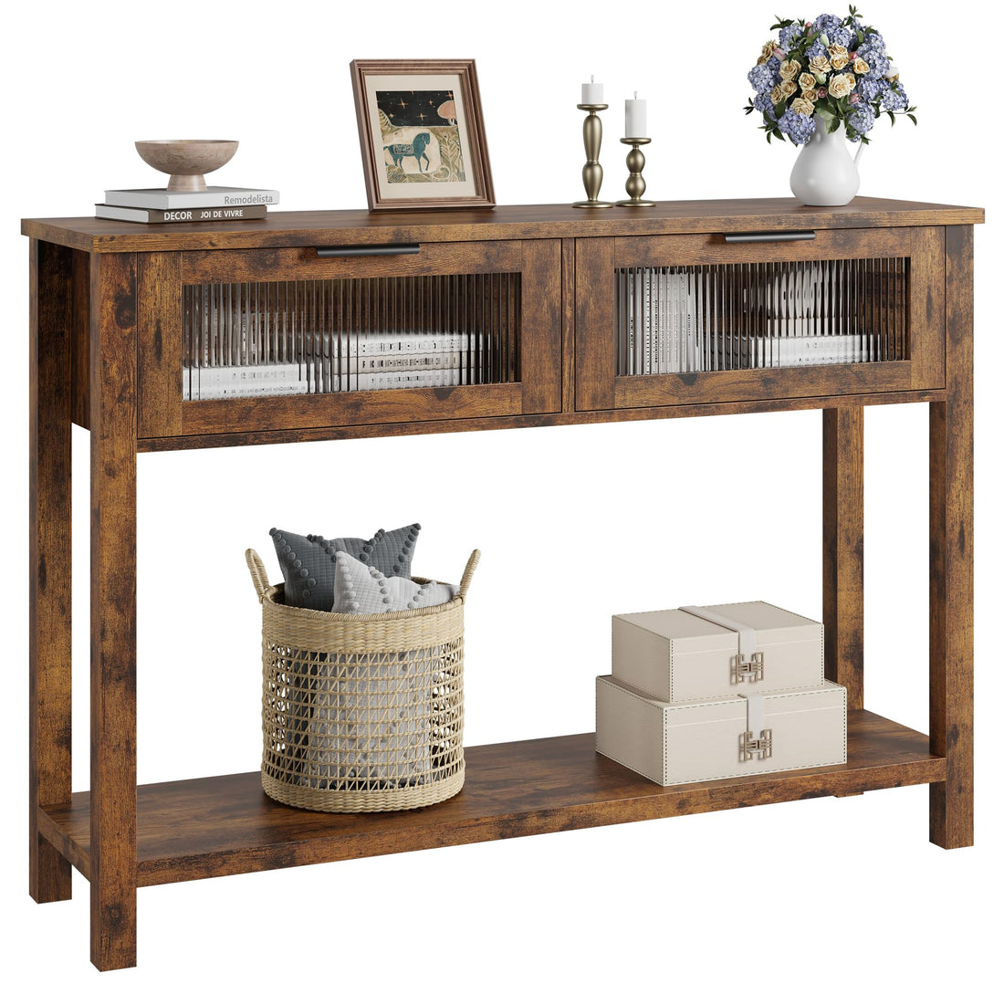 Tavolo consolle rustico in legno Garvee con 2 cassetti in vetro per corridoio e soggiorno 43,3x11,8x31,4 pollici marrone