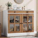 Garvee Sideboard Buffet 90cm con Vetrina, Ripiani Regolabili, Chiusura Silenziosa, Legno Bianco e Marrone, Cassetti, Sala da Pranzo e Cucina - White&Brown