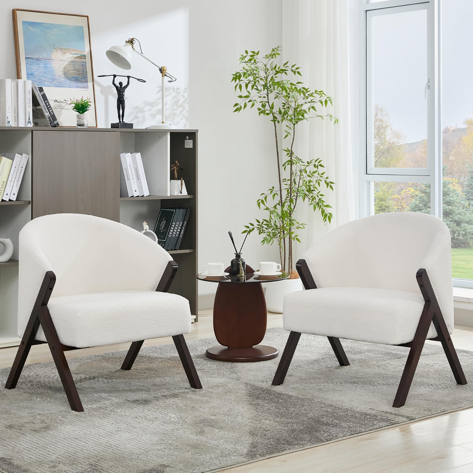 Poltrona Garvee Mid Century Modern, struttura in legno, soggiorno, camera da letto, balcone, rivestimento in lino, comoda poltrona