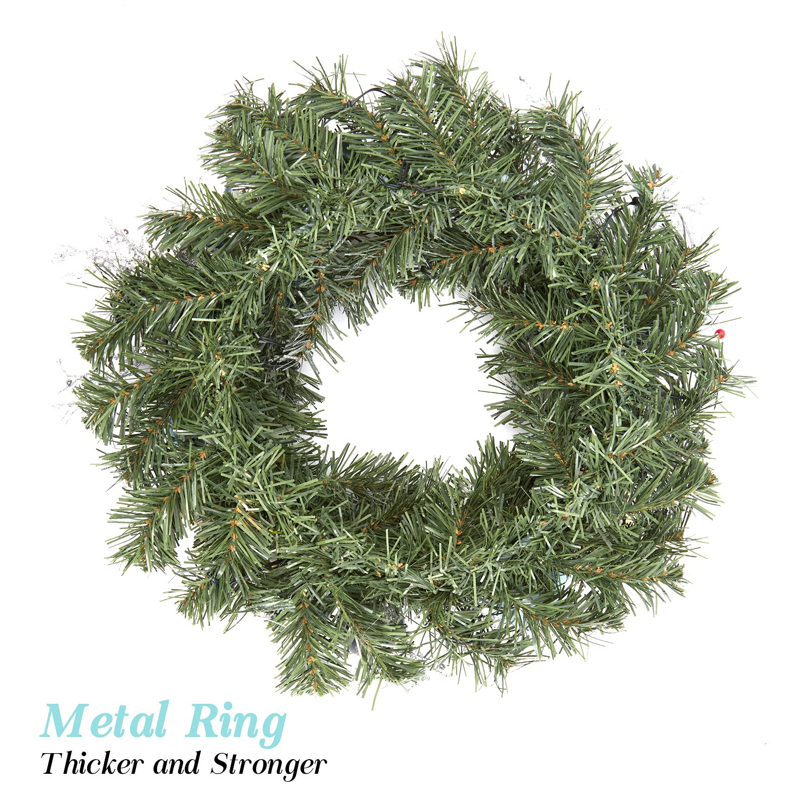 Ghirlanda natalizia Garvee da 18 pollici con 15 luci LED, PVC verde da 45 cm, stella bianca a sei punte, palline di Natale blu, anello di metallo per porta, parete, camino