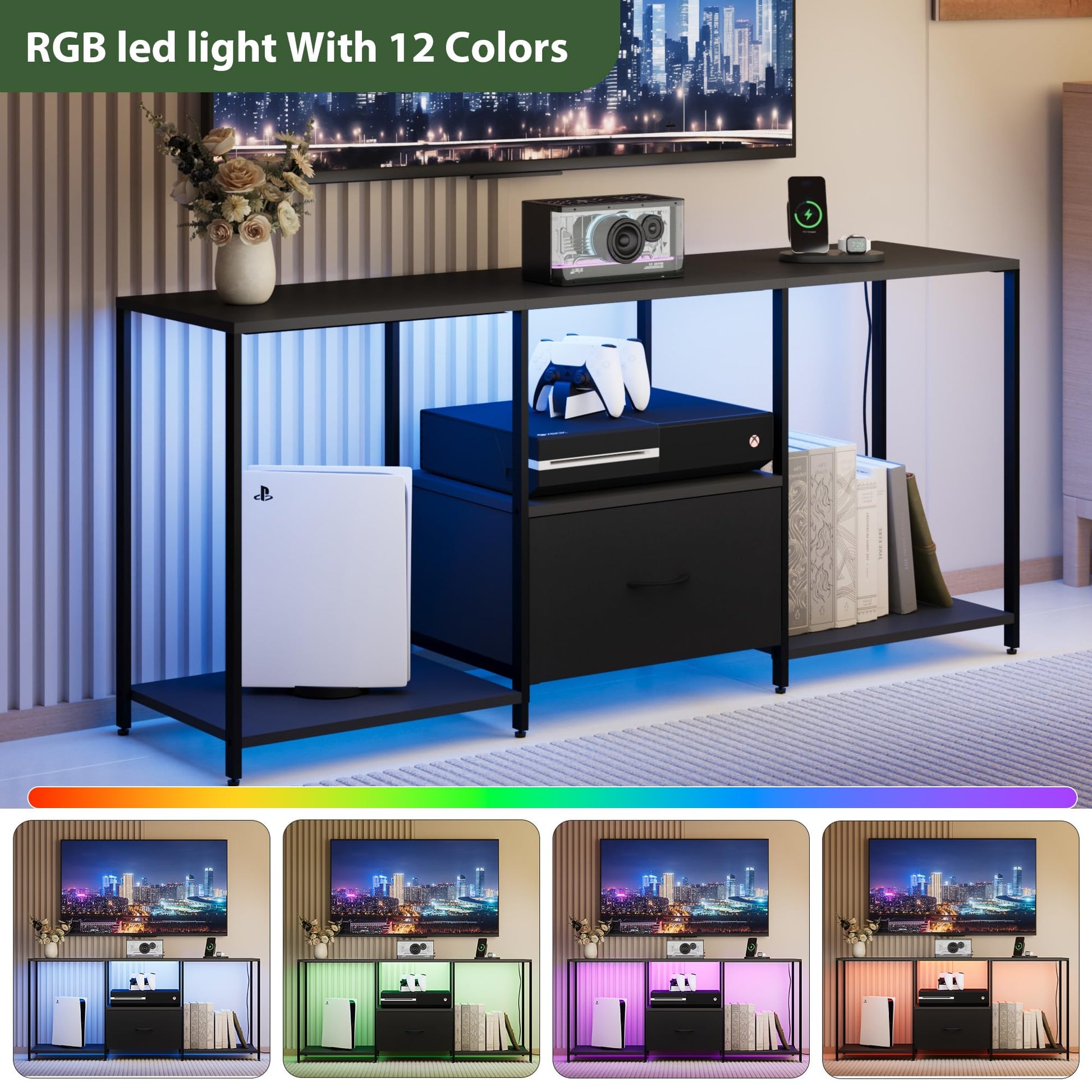 Mobile TV Garvee da 55 pollici con illuminazione a LED, ripiano aperto, cassetto in tessuto, centro di intrattenimento nero per soggiorno e camera da letto
