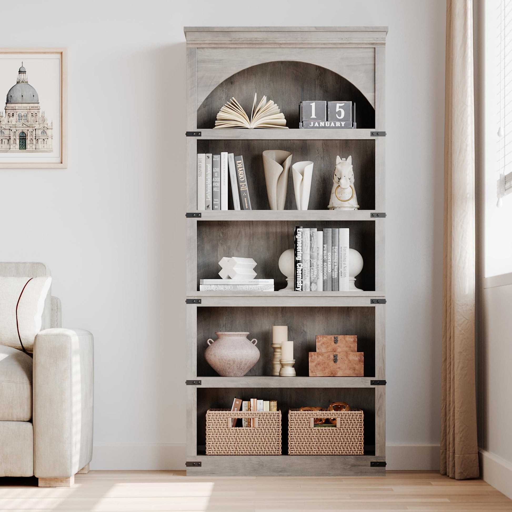 Libreria curva Garvee 5 ripiani, altezza 68,7 pollici, stile country, soggiorno, ufficio, legno, marrone