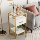 Garvee Tavolino da Appoggio 3 Ripiani con Piano in Vetro, Struttura in Metallo, 1 Cassetto, 2 Ripiani per Soggiorno & Camera da Letto, 40x40x78 cm, Design Moderno - Bianco + Oro