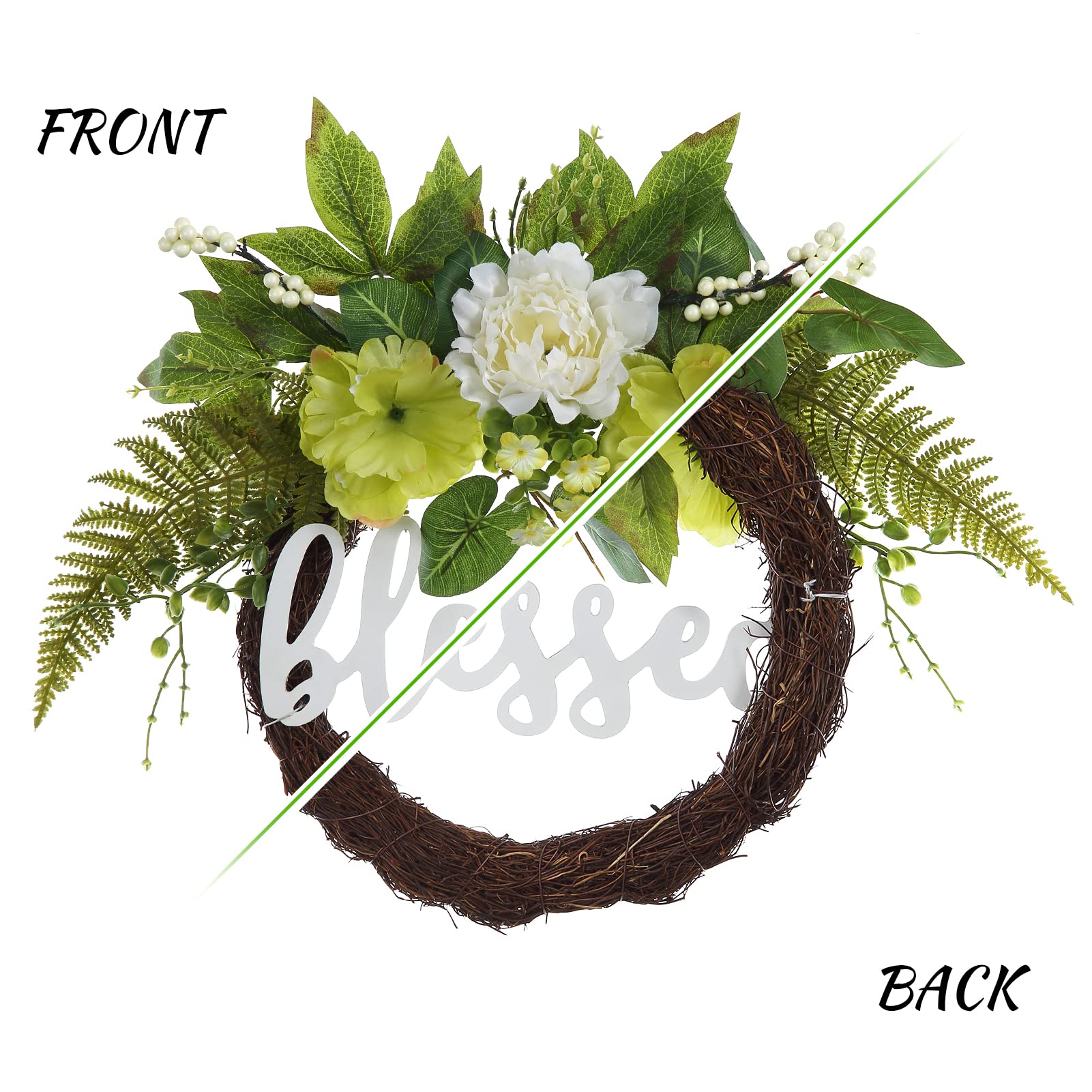 Ghirlanda per porta Garvee primavera estate da 24 pollici, verde ortensia, segno benedetto, artificiale, fatta a mano, resistente alle intemperie per porta d'ingresso e uso interno