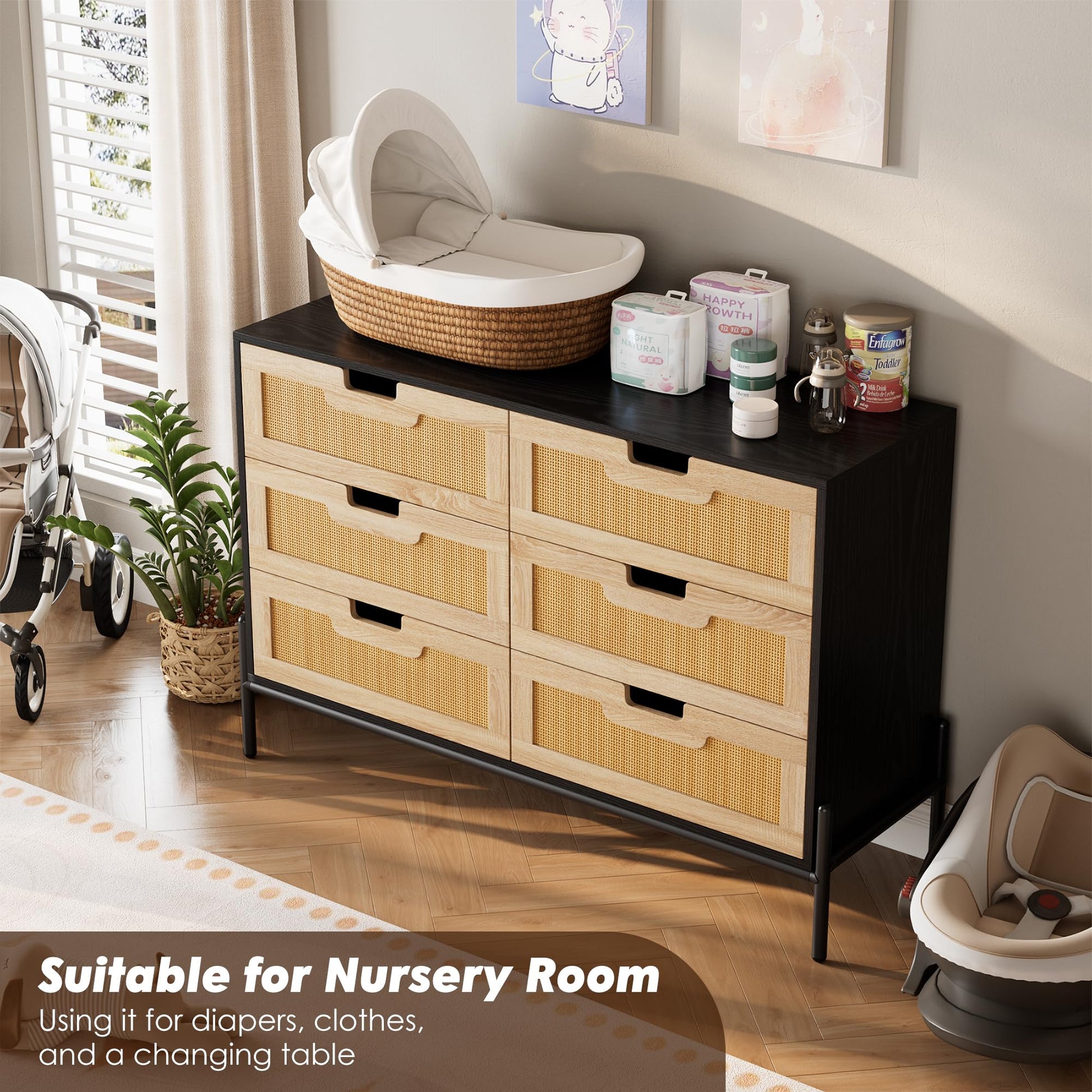 Cassettiera Garvee in rattan naturale con 6 cassetti, gambe in legno e metallo, per camera da letto e soggiorno, impermeabile, resistente, design moderno