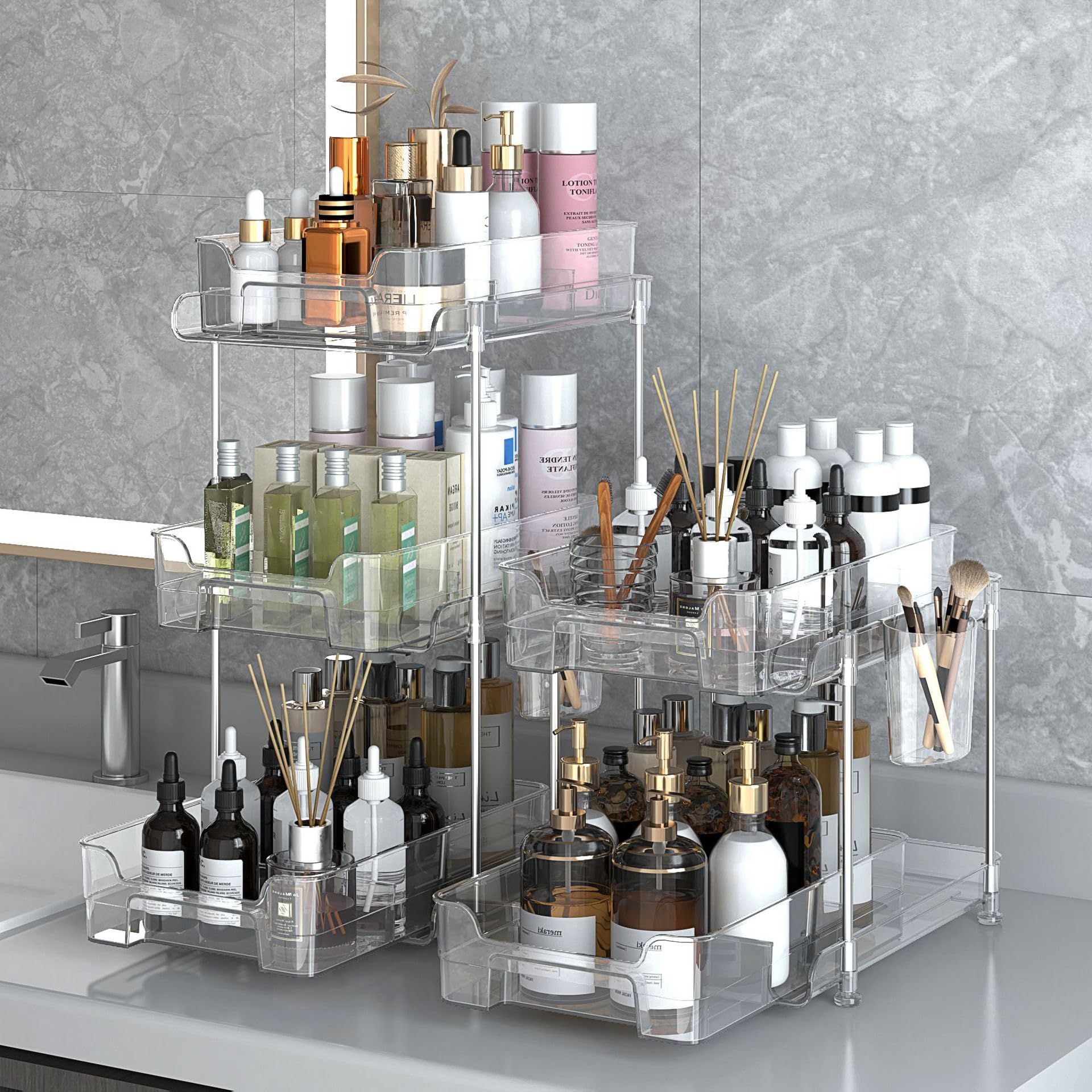 Garvee Clear Organizer per bagno con divisori in PET e acciaio inossidabile, estensibile, per cucina e bagno, trasparente, versatile