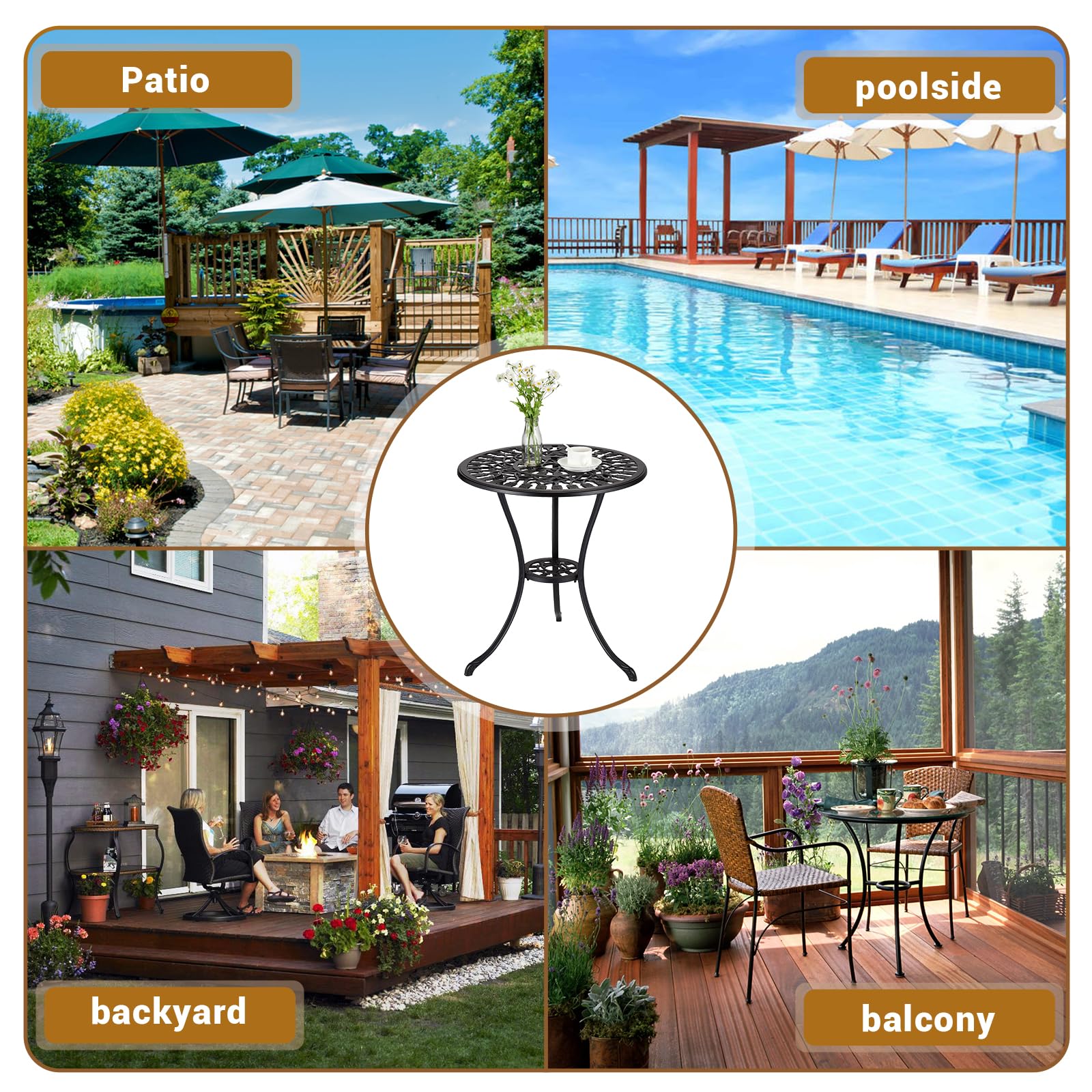 Tavolo da bistrot da esterno Garvee da 24" in ghisa rotonda con foro per ombrellone da 2" per balcone e giardino, nero