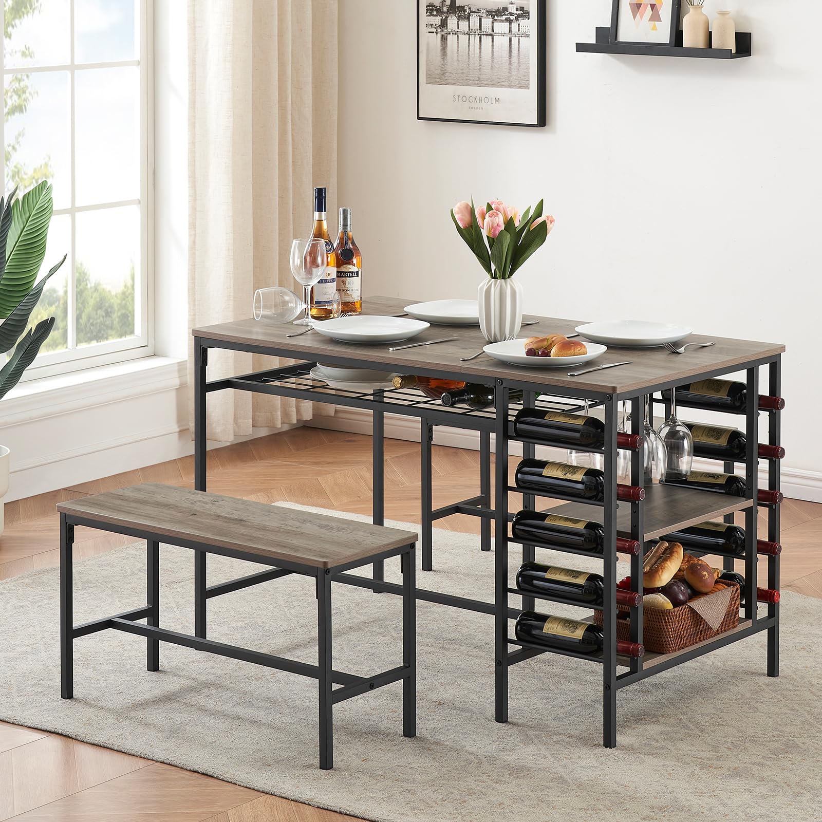 Set da pranzo Garvee per 4 persone con portabottiglie e contenitore, metallo e legno, salvaspazio, robusto, 2 panche, piccoli spazi