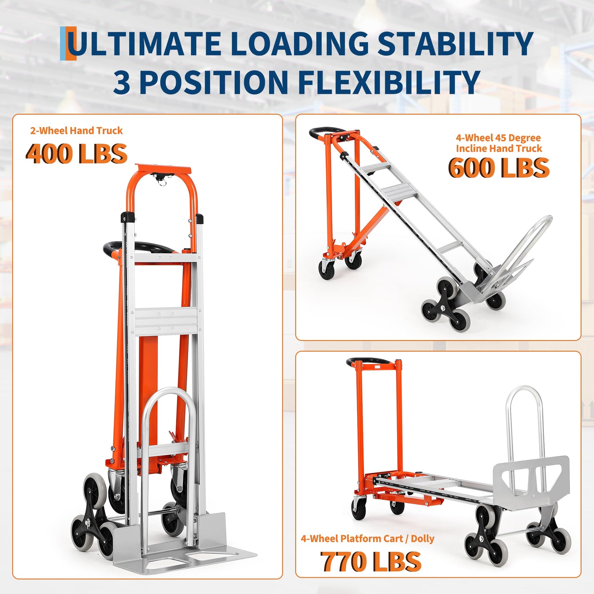 Carrello pieghevole Garvee 3 in 1 con capacità di 770 libbre, pneumatici da 10", lega di alluminio, cinghie elastiche per casa e magazzino, robusto e versatile