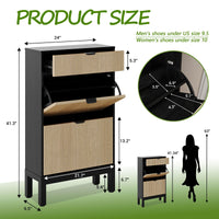 Scarpiera Garvee con 2 cassetti a ribalta, design scanalato in stile rustico, gambe in metallo, nero + rovere, per corridoio e ingresso, stretta