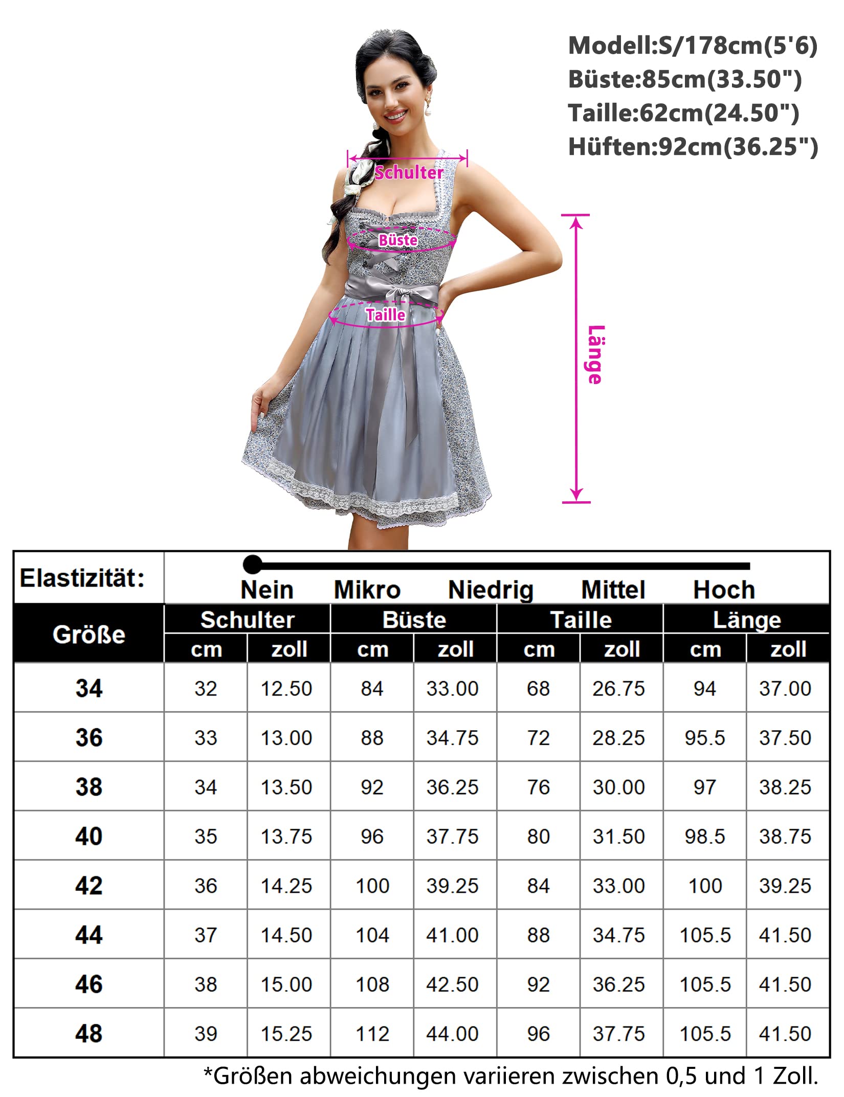 Garvee Dirndl da donna, abito tradizionale midi in 2 pezzi con grembiule Dirndl per l'Oktoberfest, taglia 44, grigio-blu, elegante, festoso, comodo, moderno