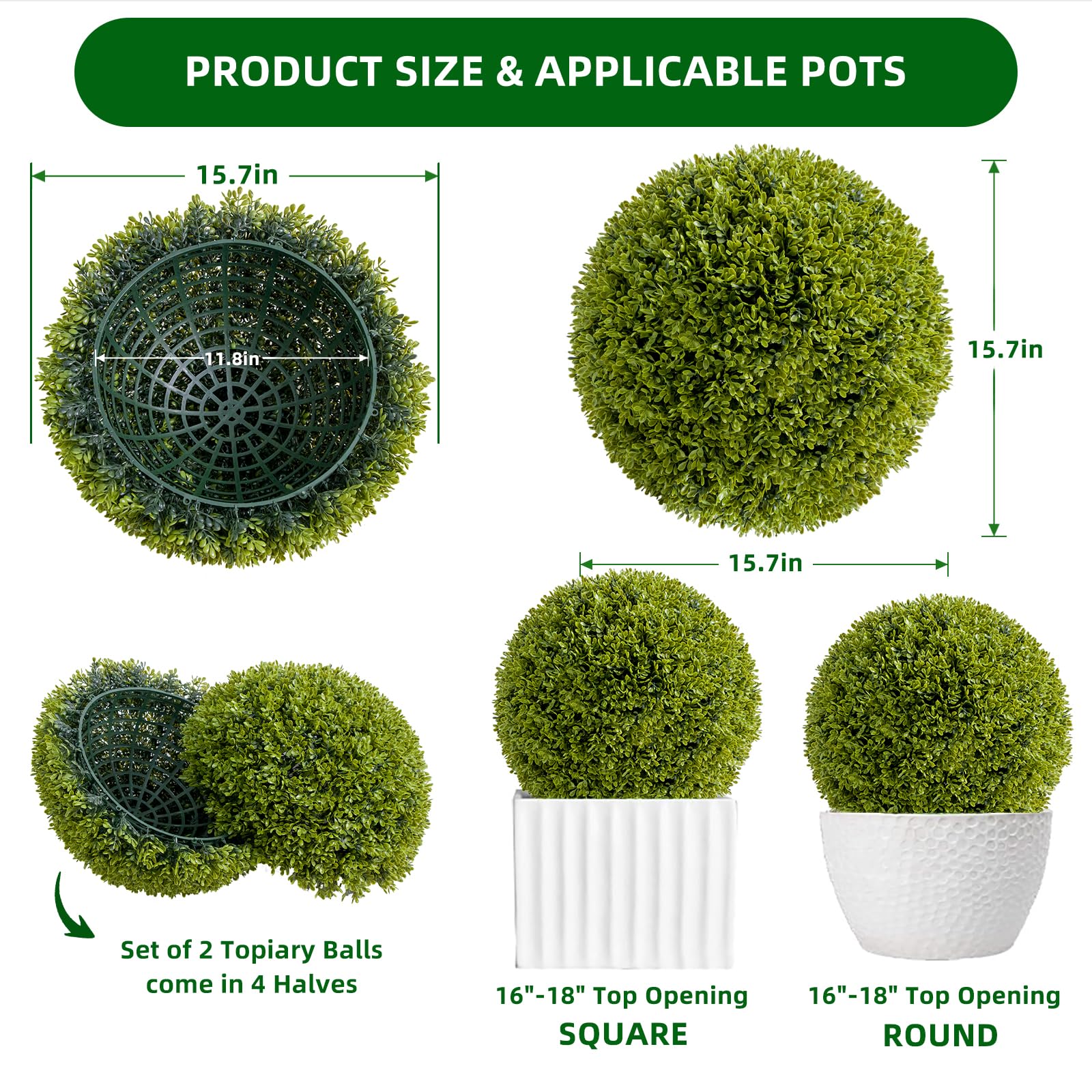 Set Garvee con palline di bosso artificiale da 15,7 pollici, resistente ai raggi UV e all'uso manuale, materiale PE, decorazione sull'interno e sui lati, verde