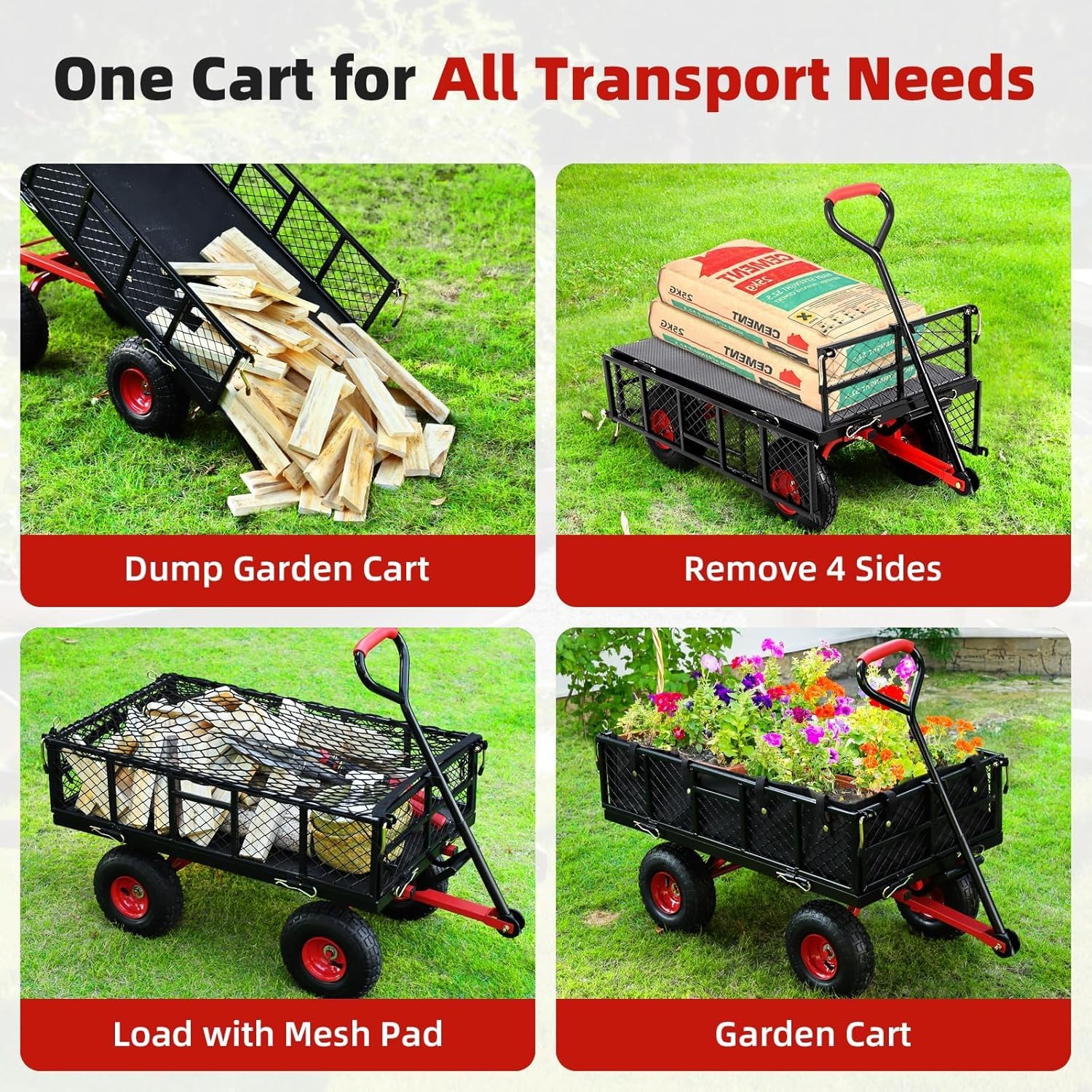 Carrello da Giardino Garvee 398 kg con Pneumatici 25.4 cm Tutti Terreni - Robusto Acciaio 88.9x50.8 cm, 4 Lati Staccabili, Giardino e Cortile