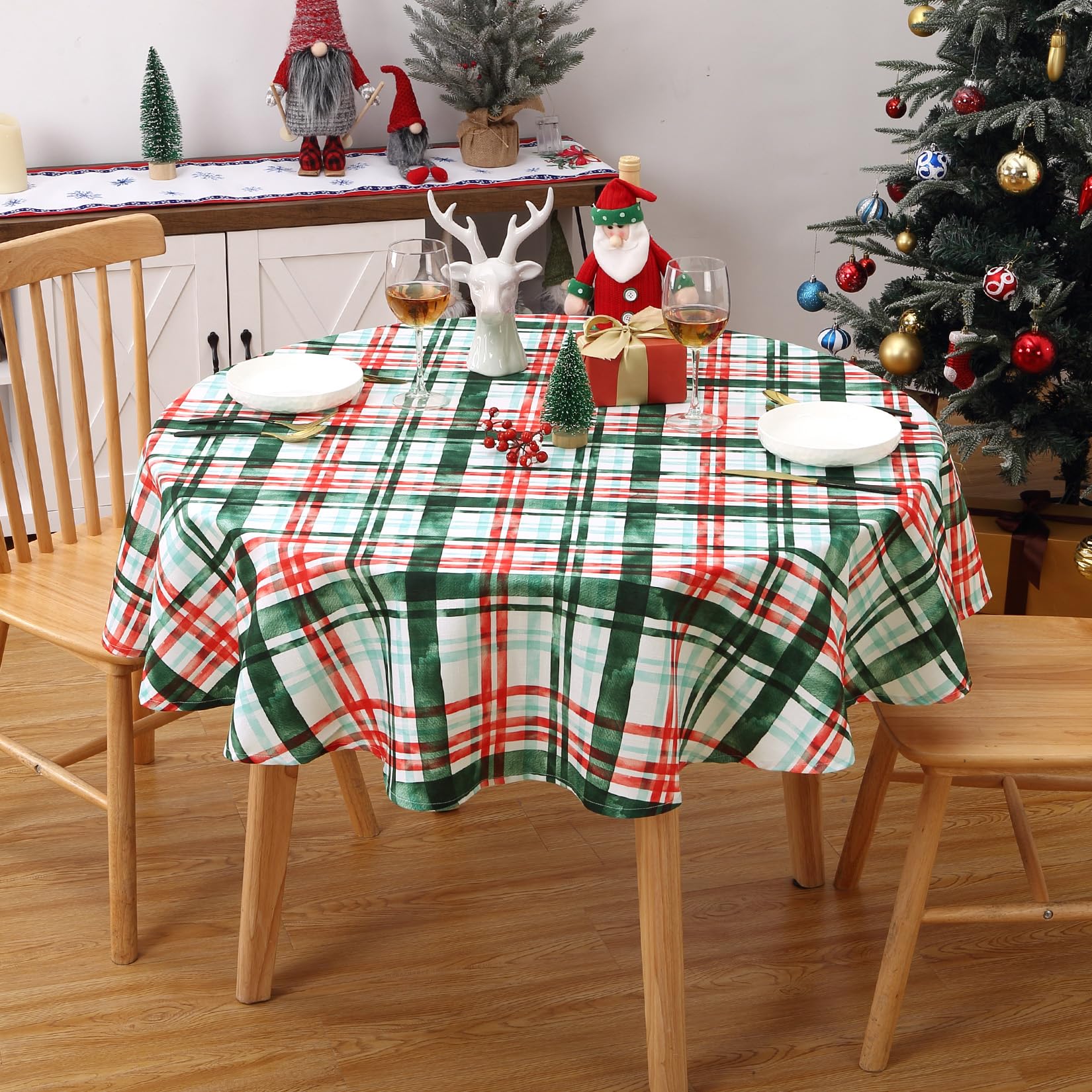 Tovaglia natalizia rotonda GARVEE, impermeabile, lavabile, a quadri rosso-verde, 152 cm, sala da pranzo, festiva