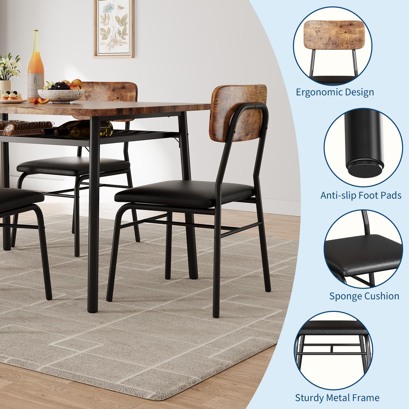 Tavolo da pranzo Garvee per 2 persone con contenitore, struttura in metallo, sedie imbottite, piano in legno MDF, salvaspazio, marrone, cucine piccole