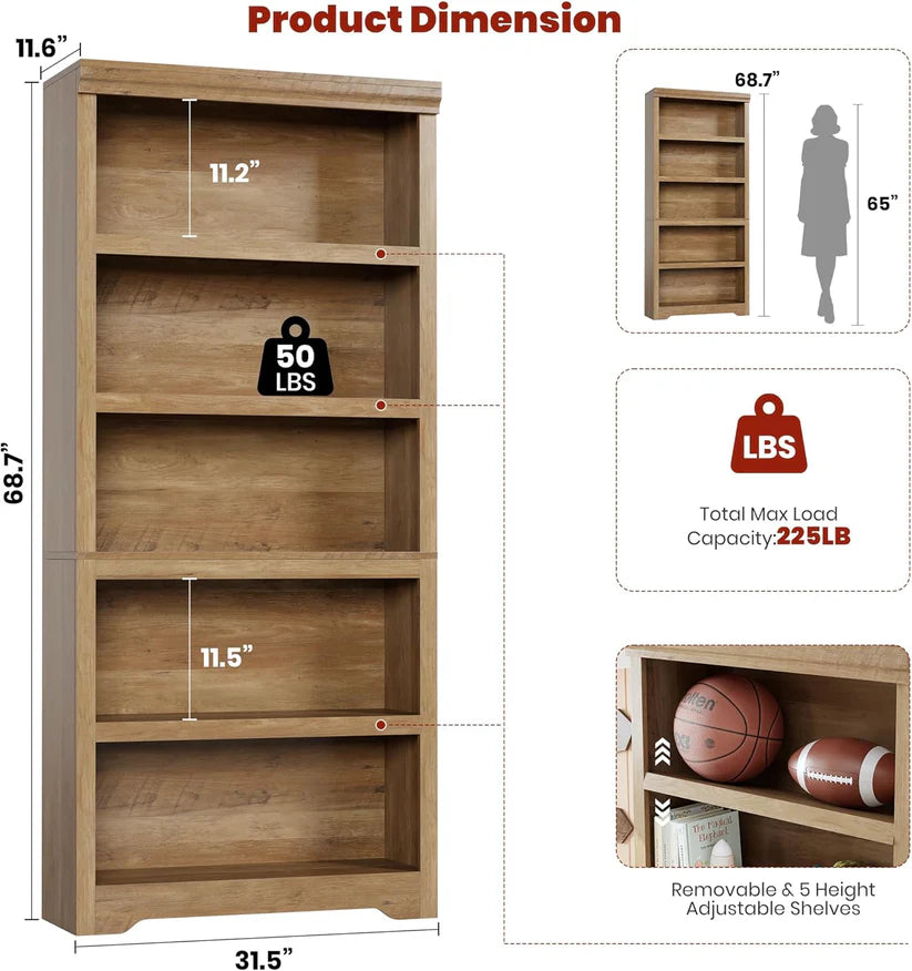 Garvee Libreria Rustica Alta 190,5 cm con 2-6 Ripiani Regolabili, Struttura MDF Robusta, Design Elegante, Anti-Ribaltamento, per Soggiorno e Studio, Neutra