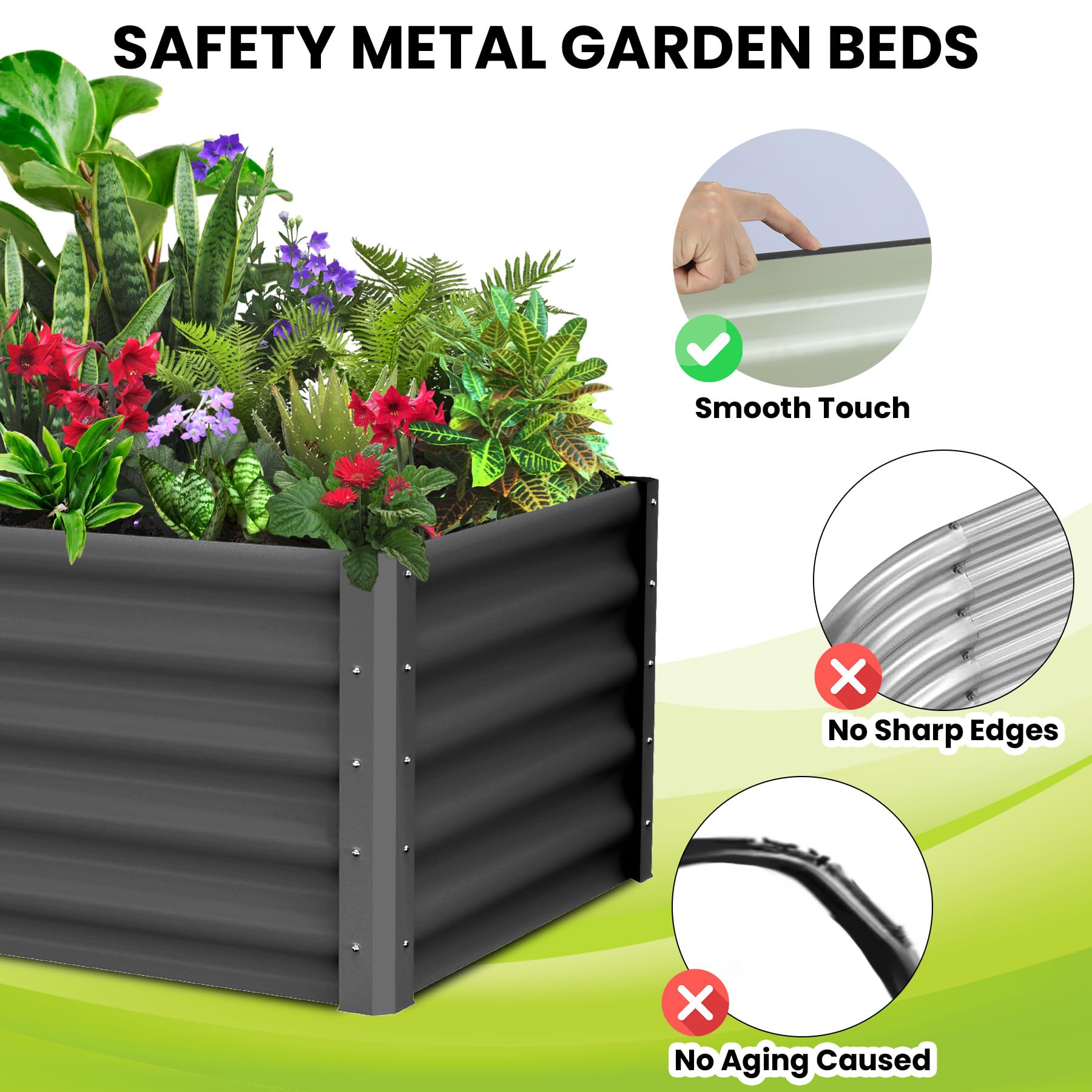 Aiuola rialzata in acciaio zincato Garvee 6x3x1,5 piedi, fioriera da esterno, robusta struttura in acciaio, protezione dalla ruggine, angoli di sicurezza a fondo aperto
