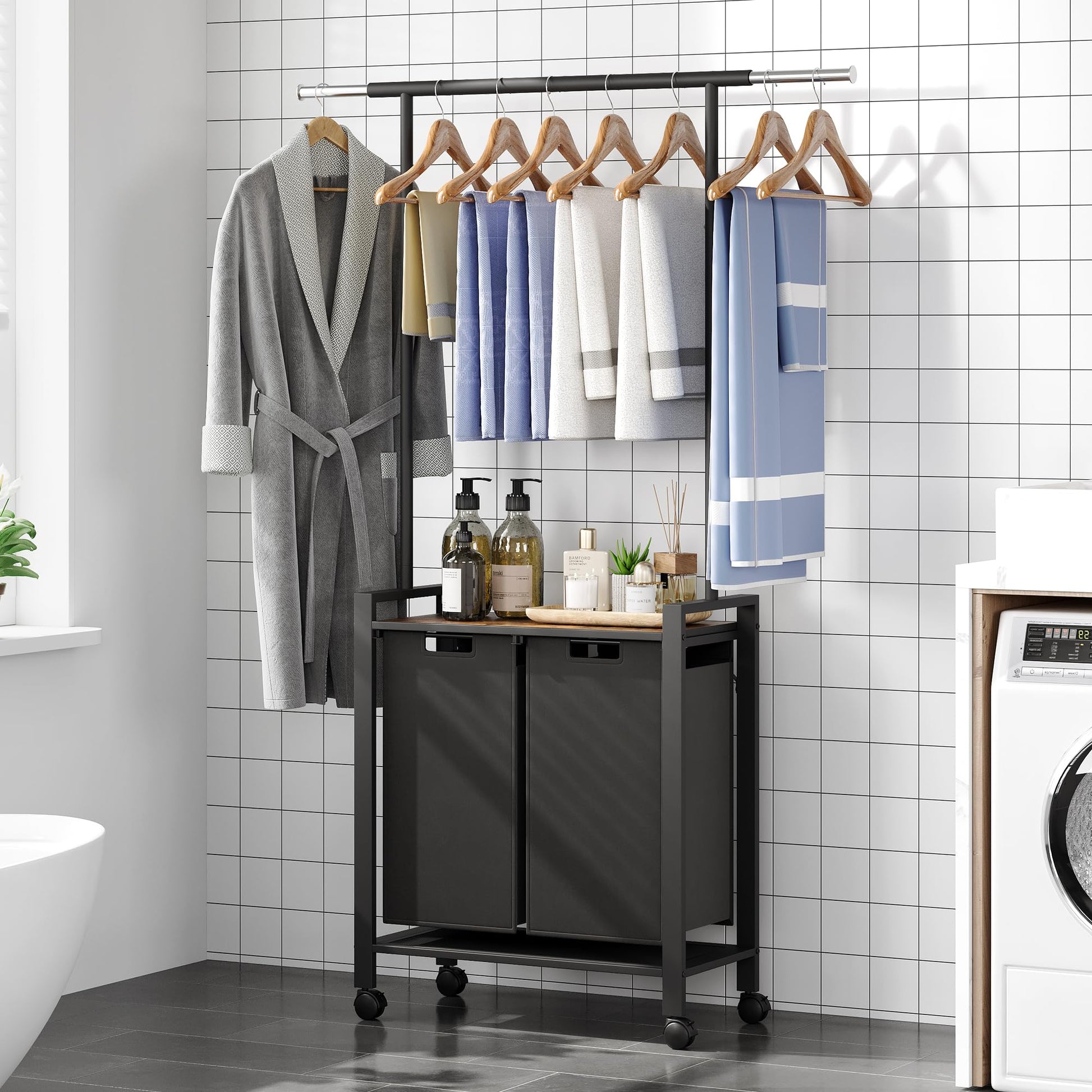 Garvee Laundry Sorter, cesto portabiancheria a 2 sezioni con asta appendiabiti e ripiano in legno per lavanderia, 2 x 49.2 L, nero