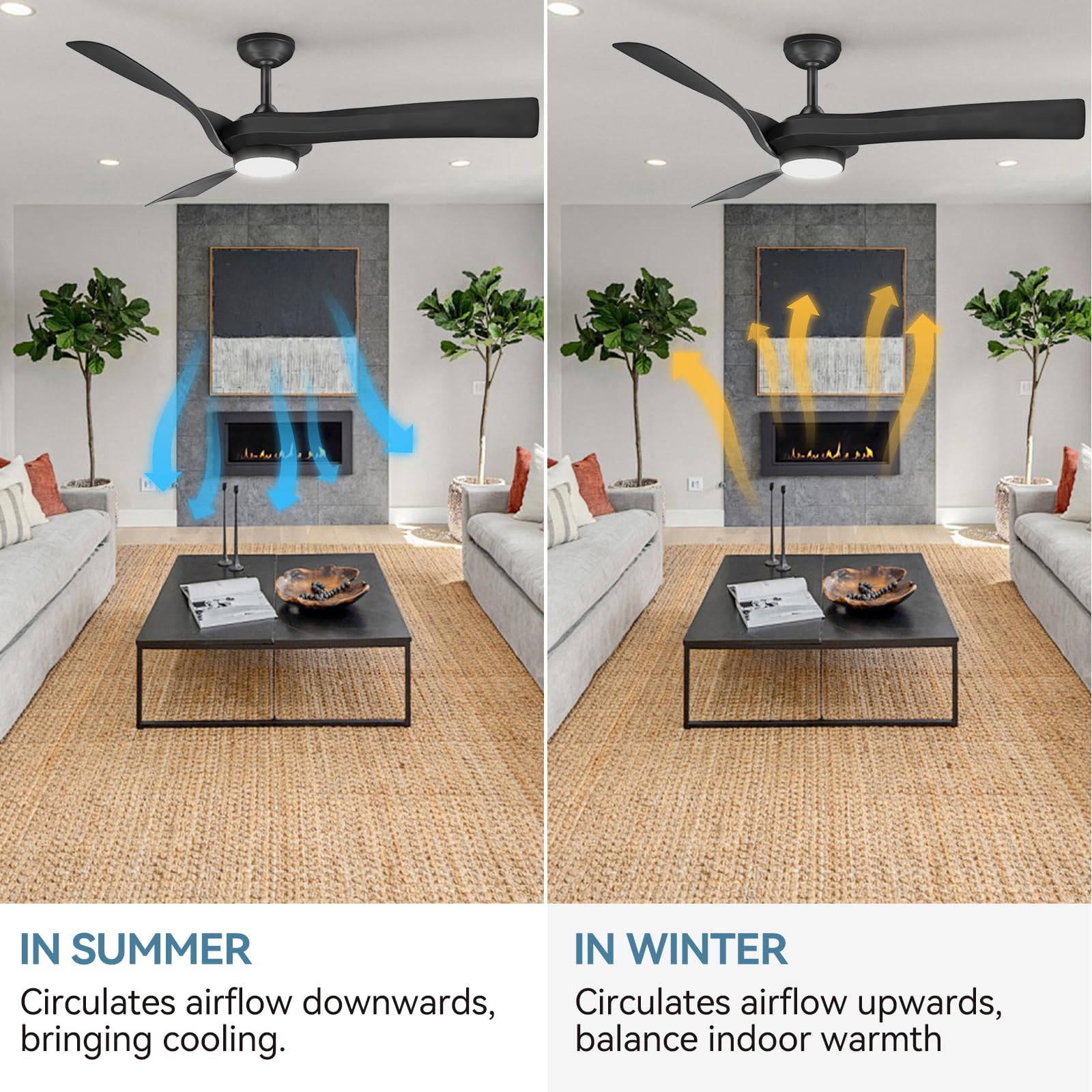 Ventilatori da soffitto GARVEE con luce, ventilatore da soffitto da 132 cm con 6 velocità e 2 aste, telecomando LED dimmerabile, ventilatore da soffitto moderno silenzioso reversibile CC per uso interno ed esterno