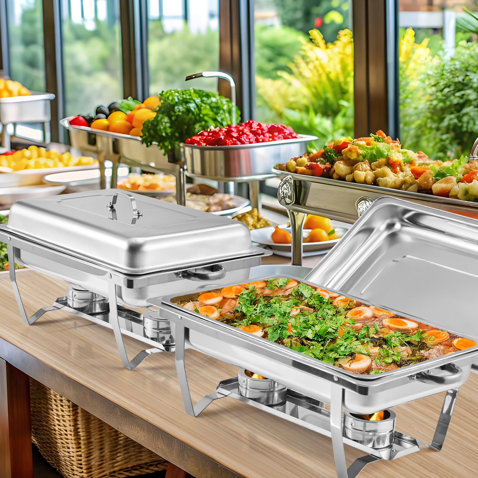 Garvee Chafing Dishes Buffet Set, confezione da 4, 8 Qt in acciaio inossidabile, temperatura controllata, telaio pieghevole sicuro per catering