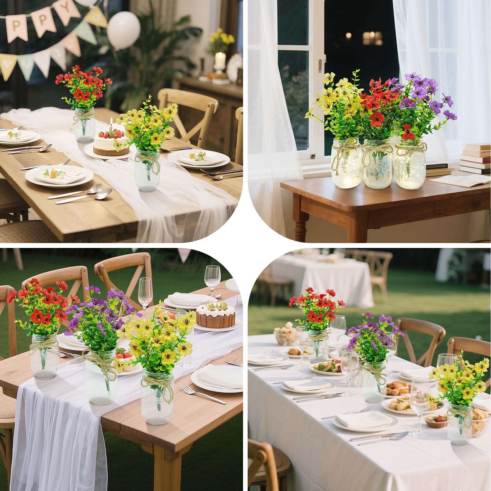 Garvee Set 6 decorazioni per la tavola in barattolo di vetro con fiori, luci a LED, vetro, nastro diuta per matrimoni e feste, 500 ml, trasparente