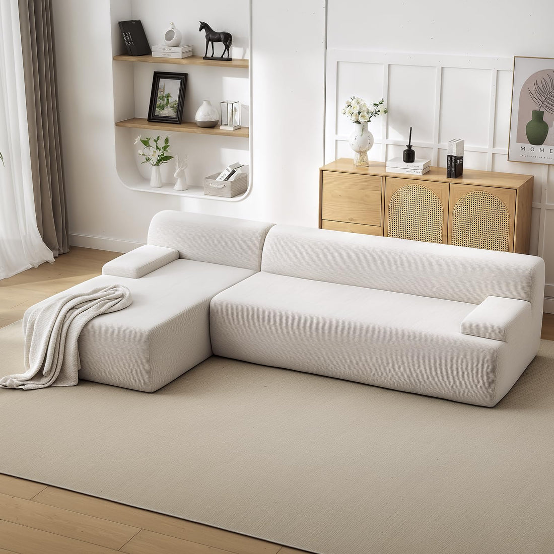 Divano componibile Garvee Cloud da 108" con chaise longue - Divano super morbido senza osso, velluto a coste, bianco, soggiorno, a L