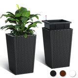 Garvee Set di 2 fioriere in rattan alte 16 pollici con indicatore del livello dell'acqua e ruote per patio e soggiorno, bianche, resistenti alle intemperie - bianco