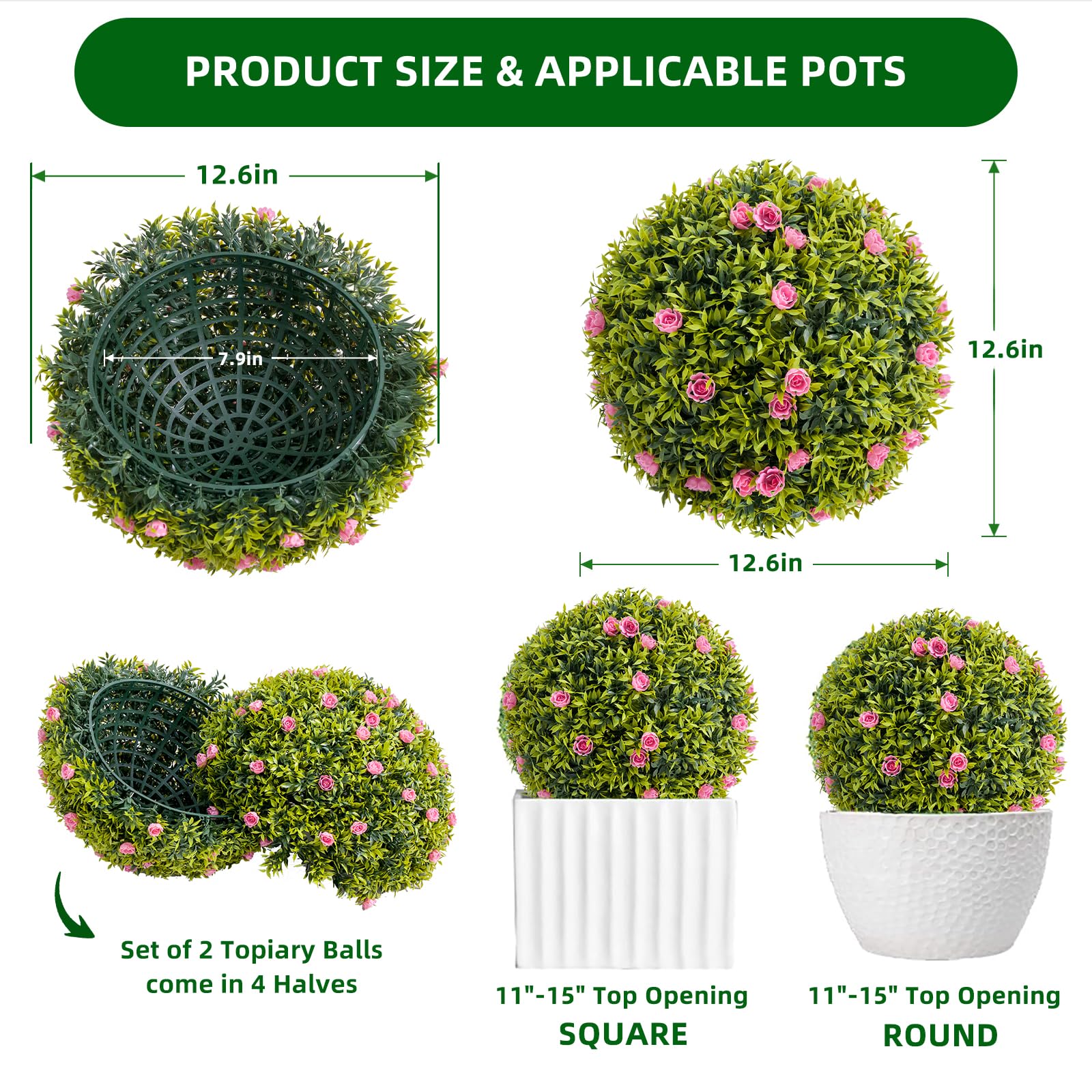 Garvee Set di 4 palline di bosso artificiali da 12,6" con fiori rosa per balcone e giardino, resistenti ai raggi UV, senza manutenzione, materiale PE, verde/rosa