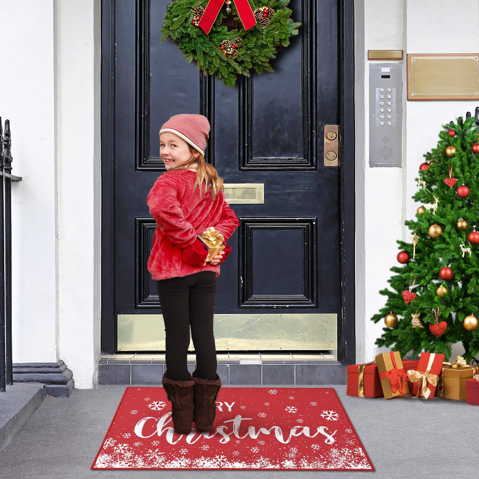 Zerbino Garvee Merry Christmas, zerbino natalizio con fiocco di neve rosso, per uso interno ed esterno, 40 x 60 cm
