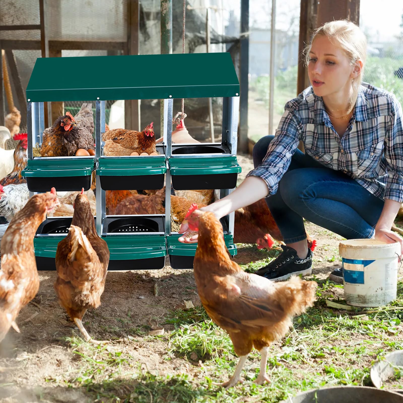 Nido per polli Garvee, 6 fori, in metallo con raccoglitore per uova mobile, vassoi rimovibili, per pollaio, resistente, facile da pulire