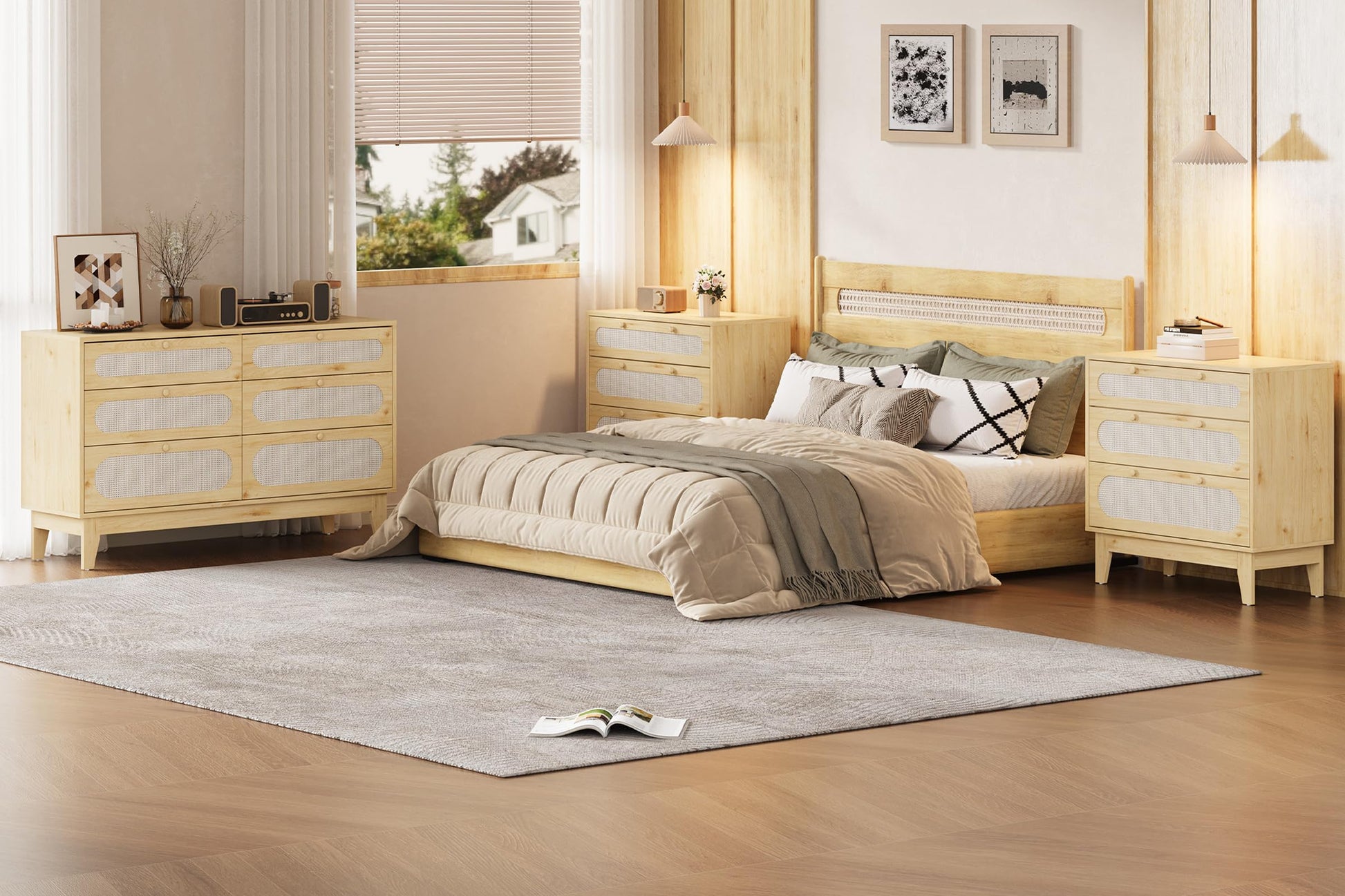 Cassettiera Garvee a 3 cassetti, in legno e rattan, design moderno, soggiorno e camera da letto, rovere chiaro, robusta e versatile
