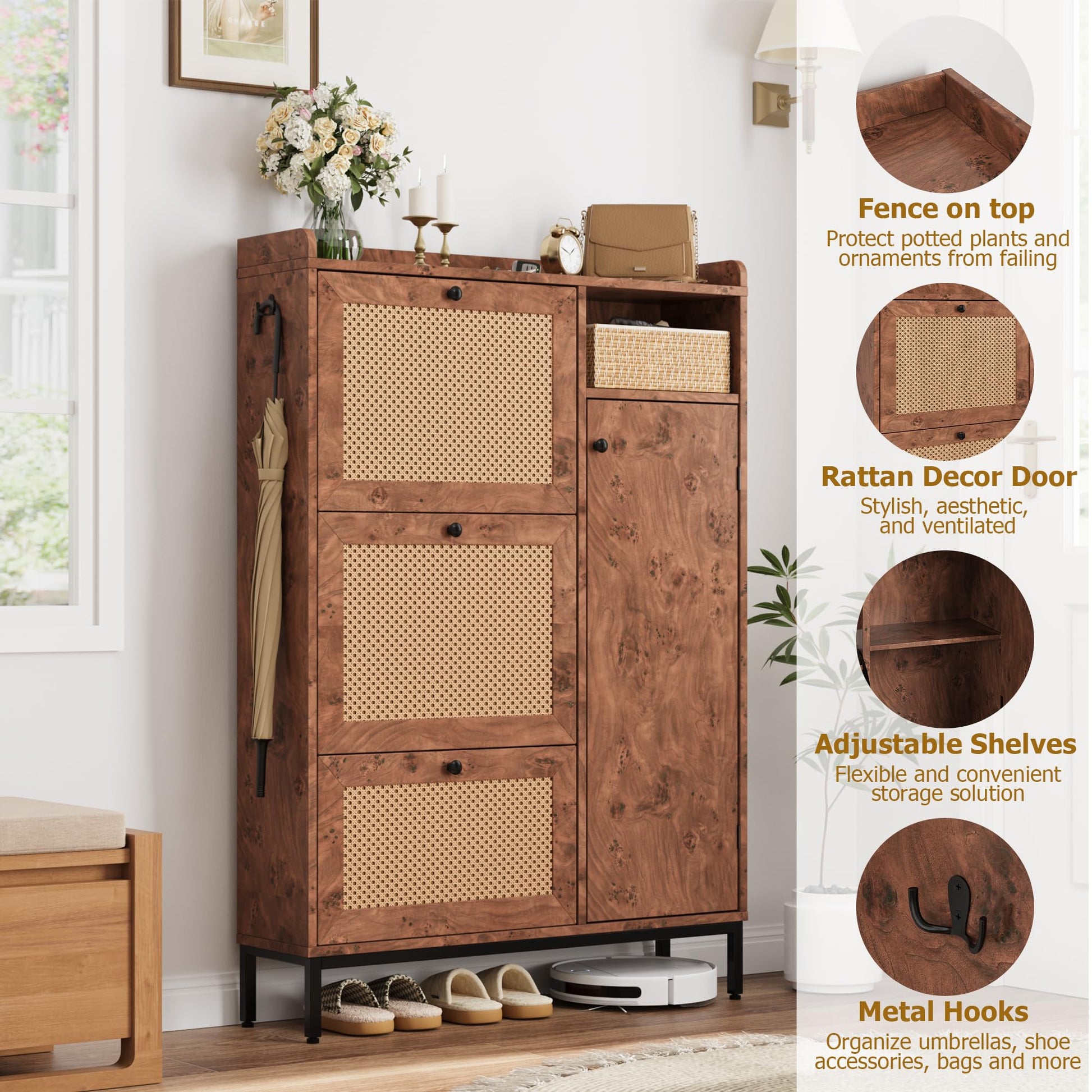 Scarpiera in rattan Garvee con 3 cassetti pieghevoli, ripiani regolabili per corridoio e ingresso, gambe in metallo MDF