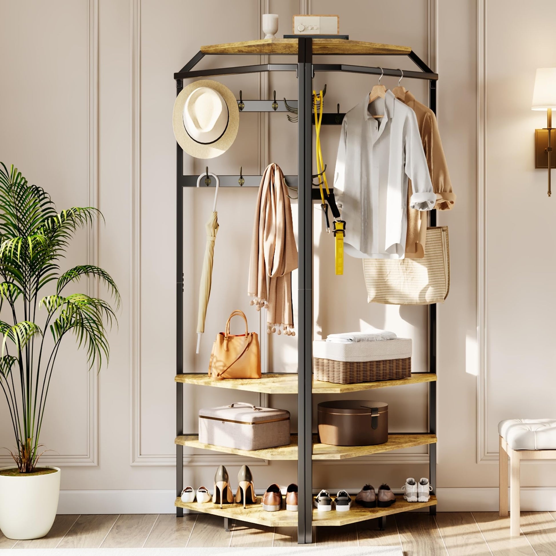 Armadio angolare Garvee con scarpiera e 6 ganci doppi, attaccapanni 3 in 1 per corridoio e ingresso, marrone rustico