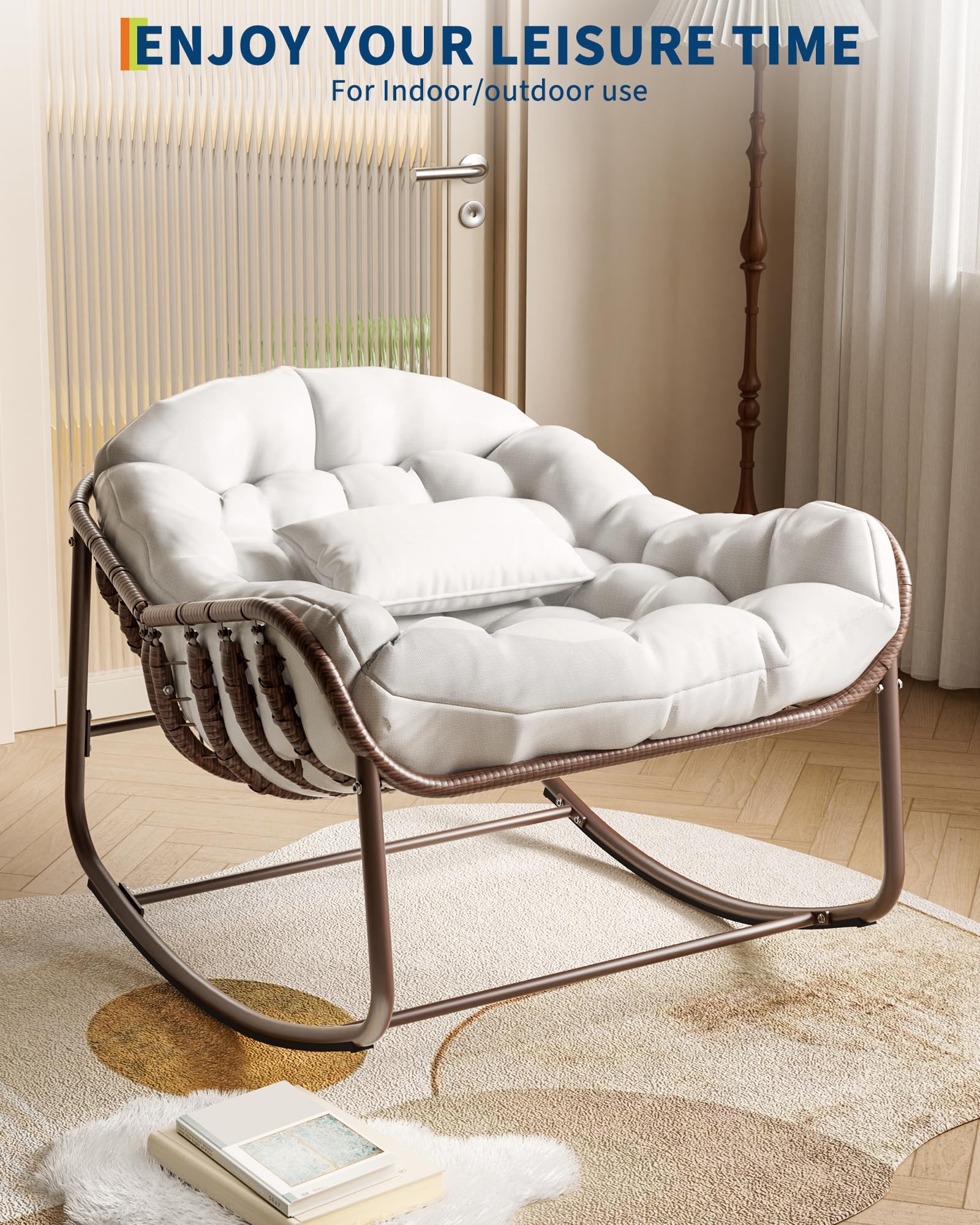 Sedia a dondolo da esterno Garvee Papasan, in vimini, con cuscino e struttura in metallo, per balcone, giardino, soggiorno, ergonomica, resistente alle intemperie, in rattan, in textilene resistente ai raggi UV