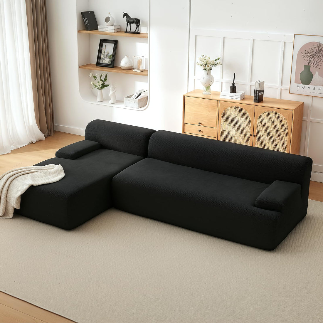 Divano componibile Garvee Cloud da 108" con chaise longue - Divano super soffice senza osso, velluto a coste ultra morbido, divano a L, accogliente, nero, soggiorno
