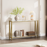 Tavolo consolle Garvee a 2 livelli con design a V in ferro e legno industriale, spazio di archiviazione stabile, oro per corridoio, soggiorno, ufficio - oro